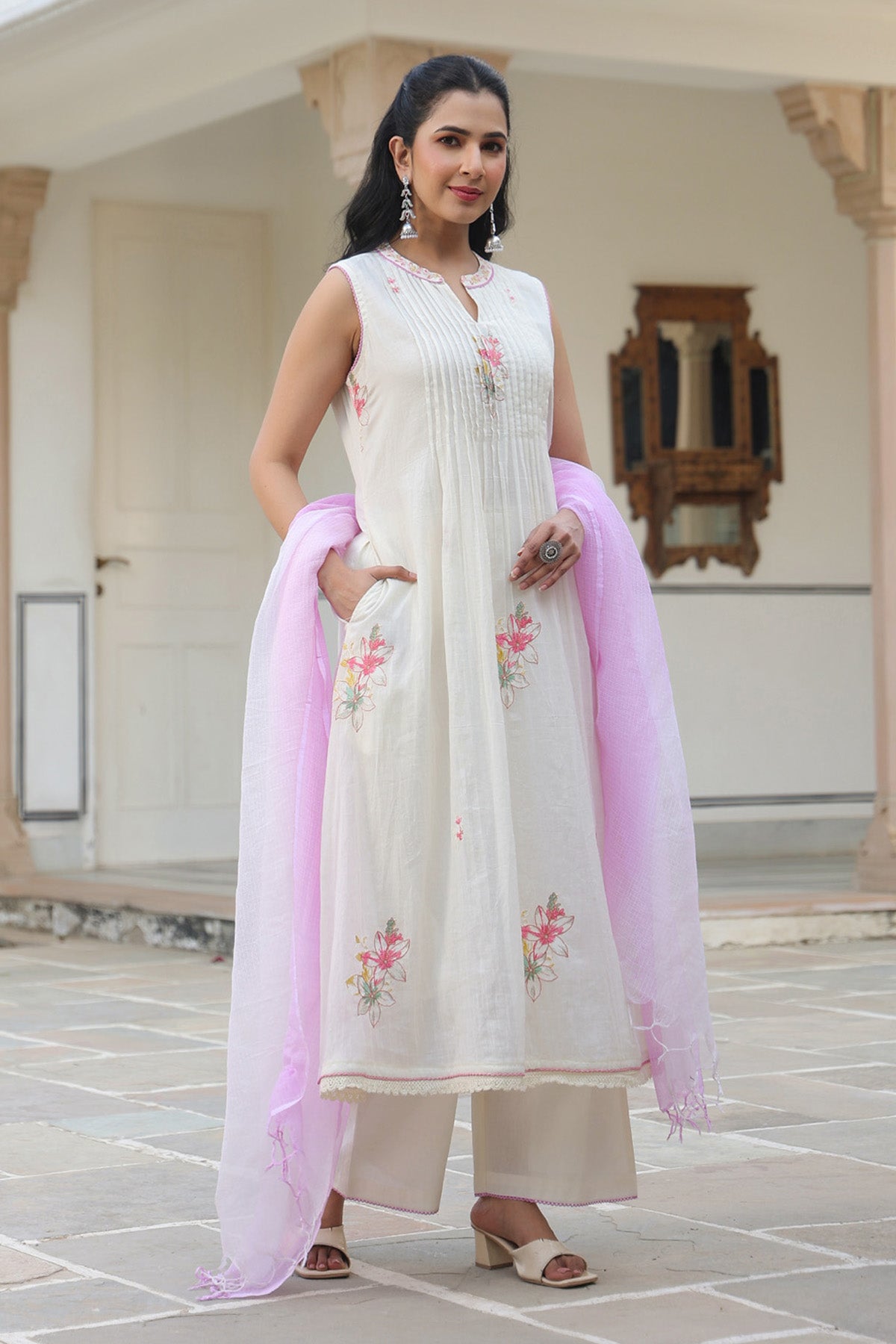 White Mul Mul Embroidered Anarkali Suit Set With Dupatta