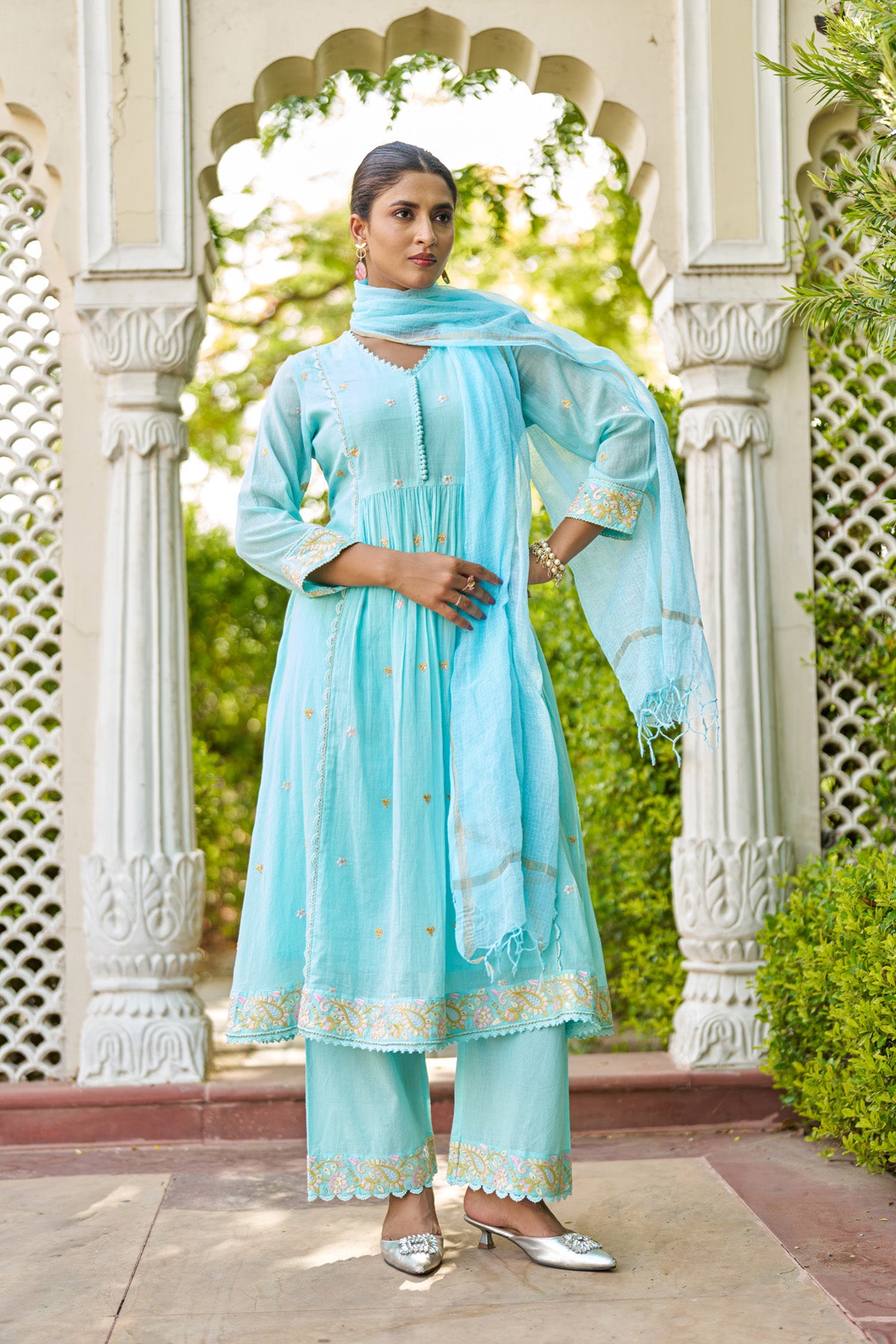 Sky Blue Mul Mul Embroidered Anarkali Suit Set With Dupatta