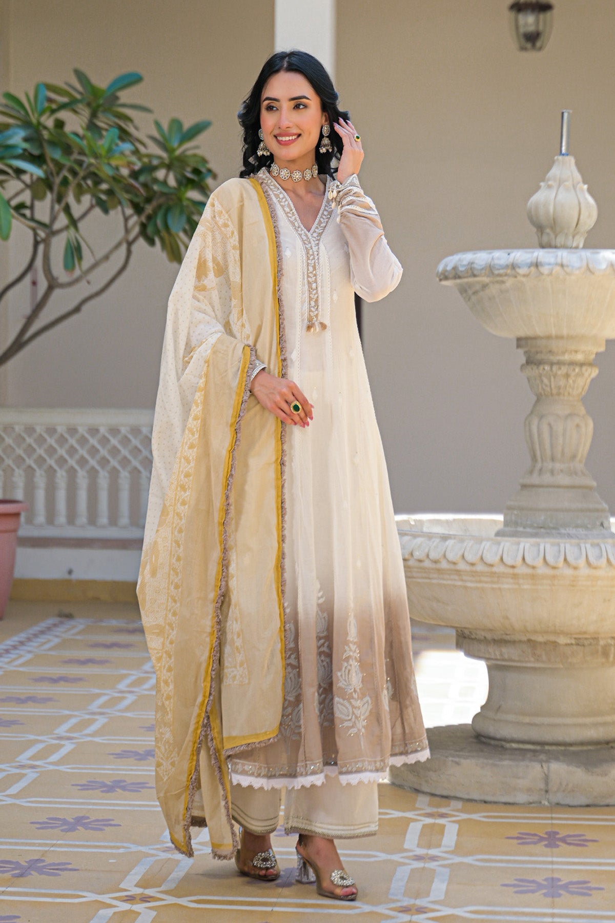 Off White Mul Mul Embroidered Anarkali Suit Set With Dupatta