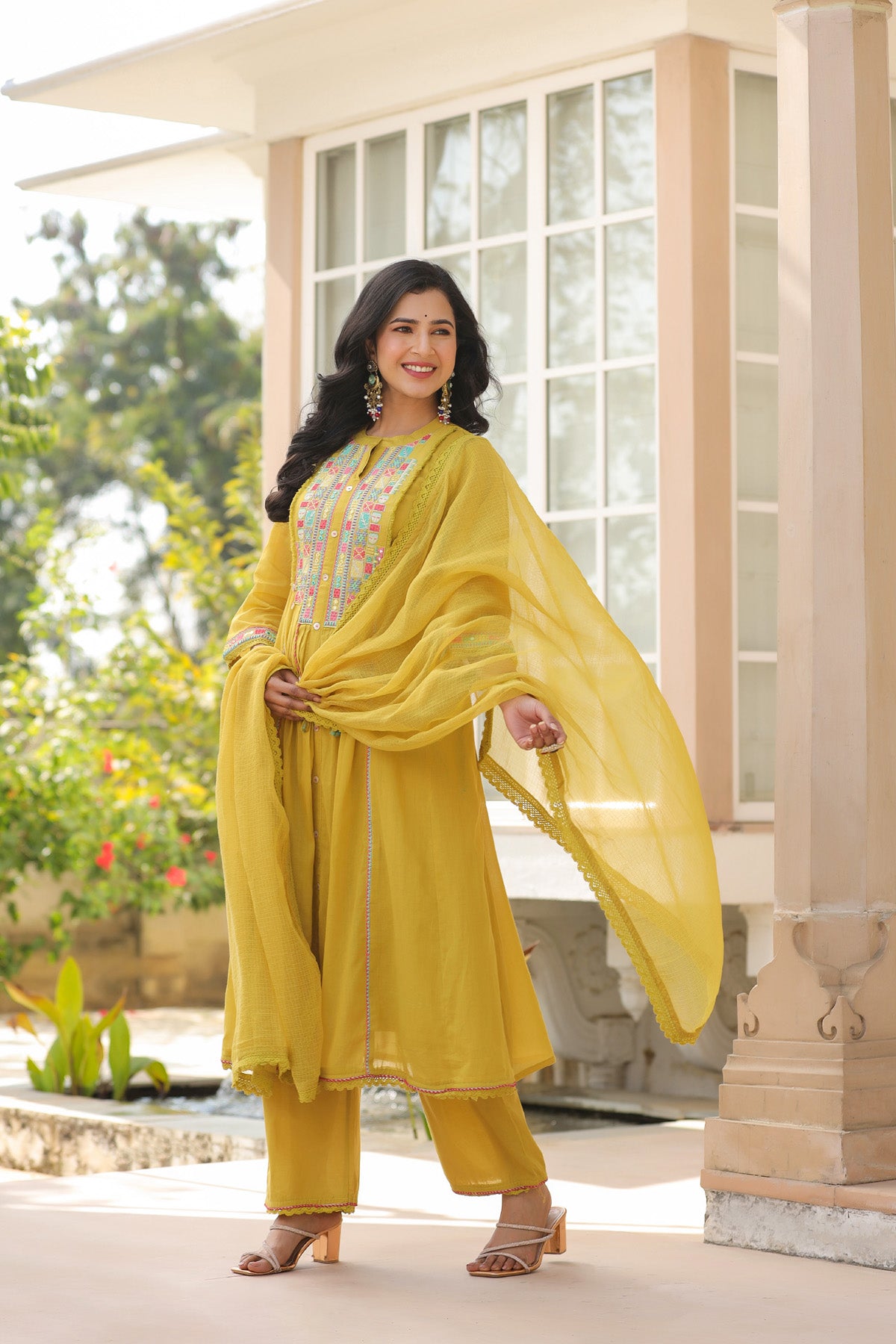 Yellow Mul Mul Embroidered Anarkali Suit Set With Dupatta