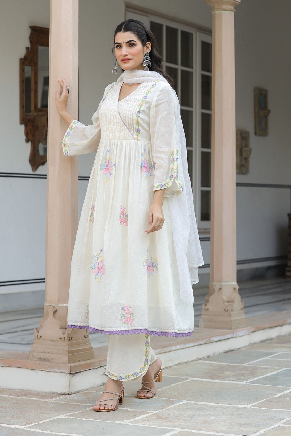 White Mul Mul Embroidered Anarkali Suit Set With Dupatta