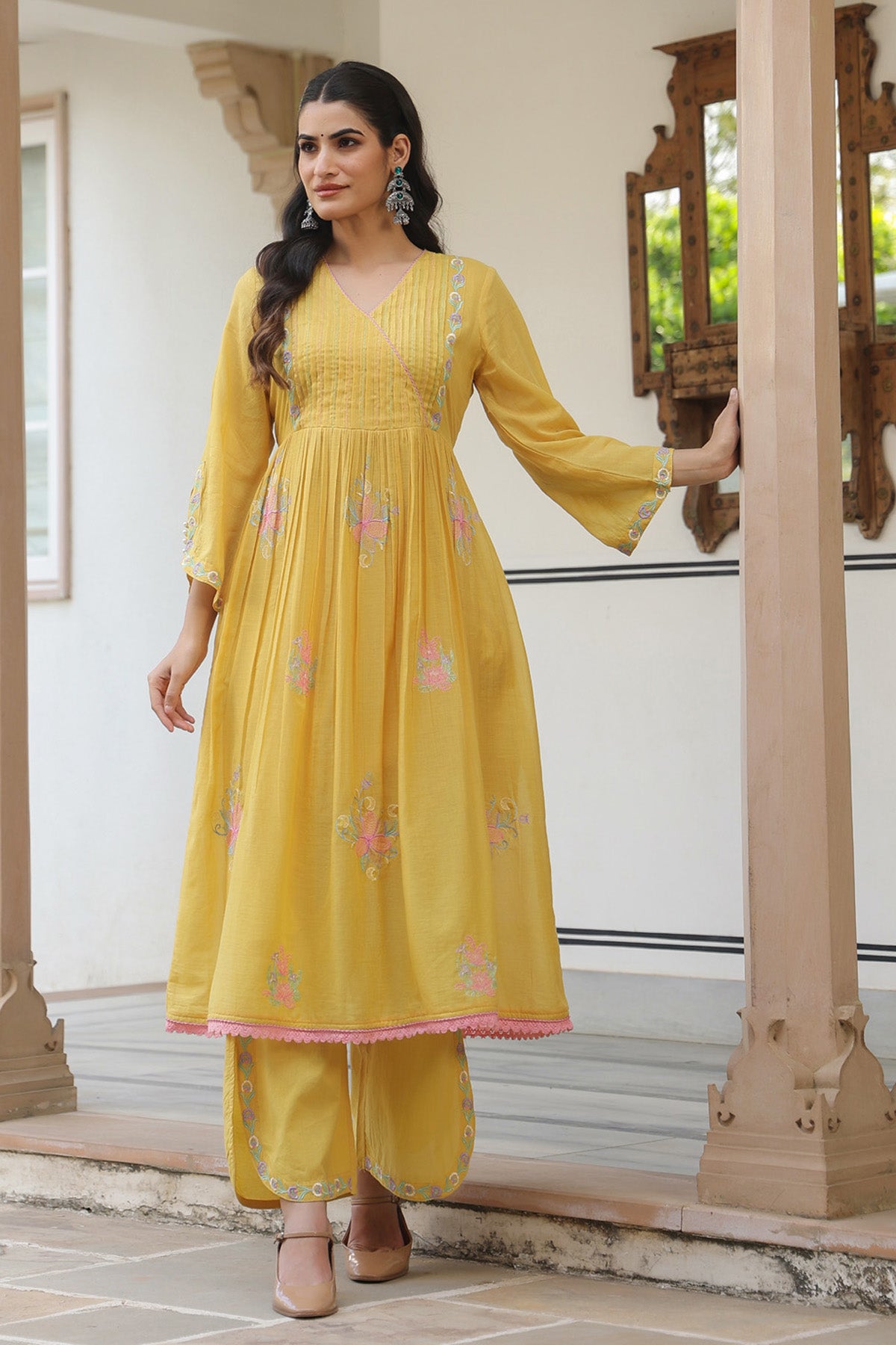 Yellow Mul Mul Embroidered Anarkali Suit Set With Dupatta