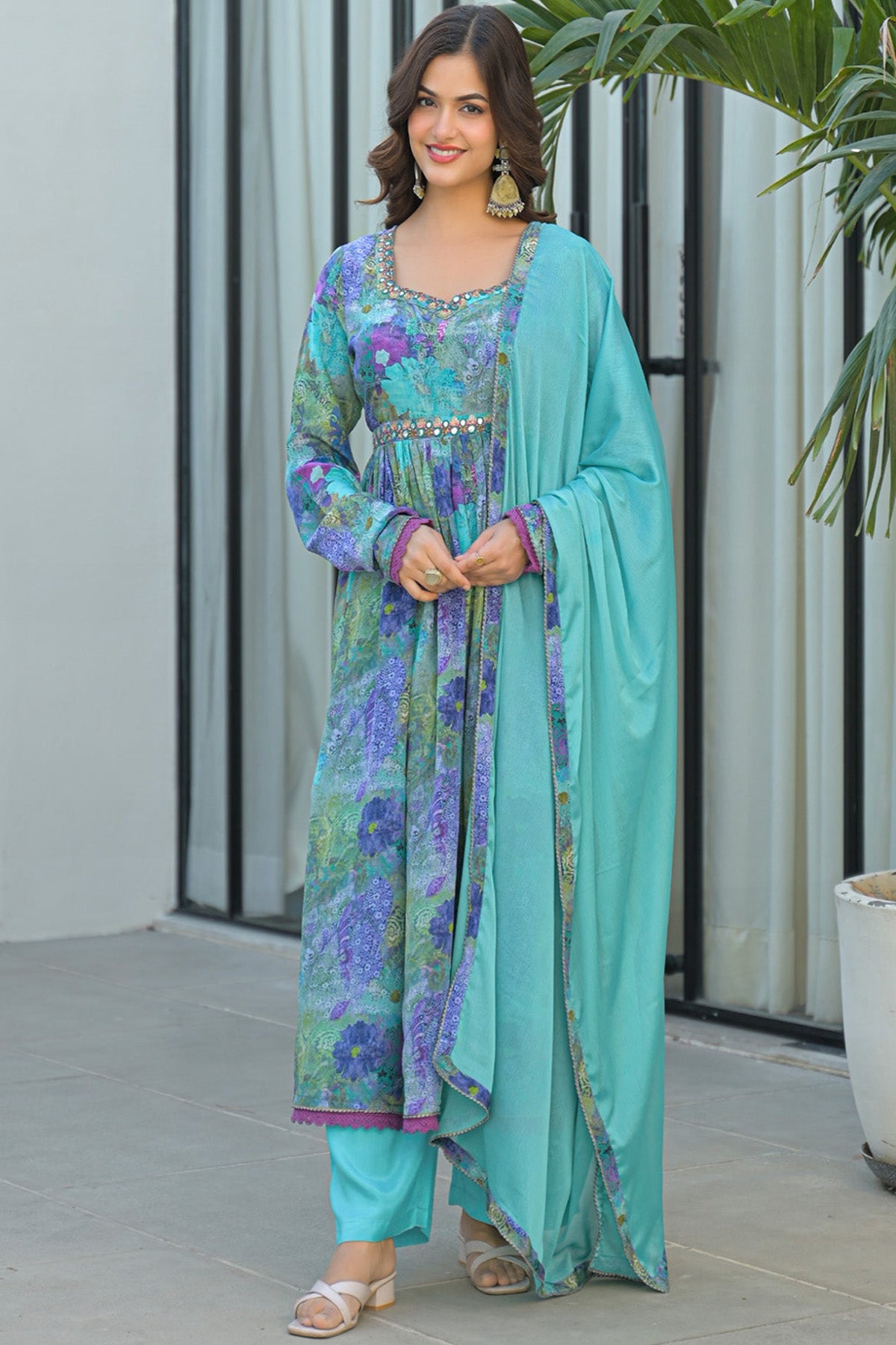 Blue Chinon Silk Handwork Anarkali Suit Set With Dupatta