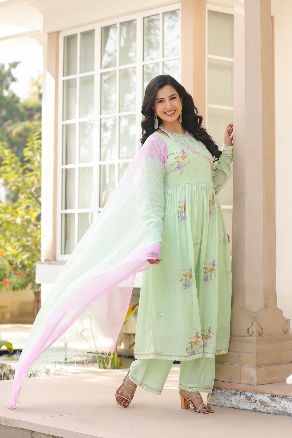 Green Mul Mul Embroidered Anarkali Suit Set With Dupatta