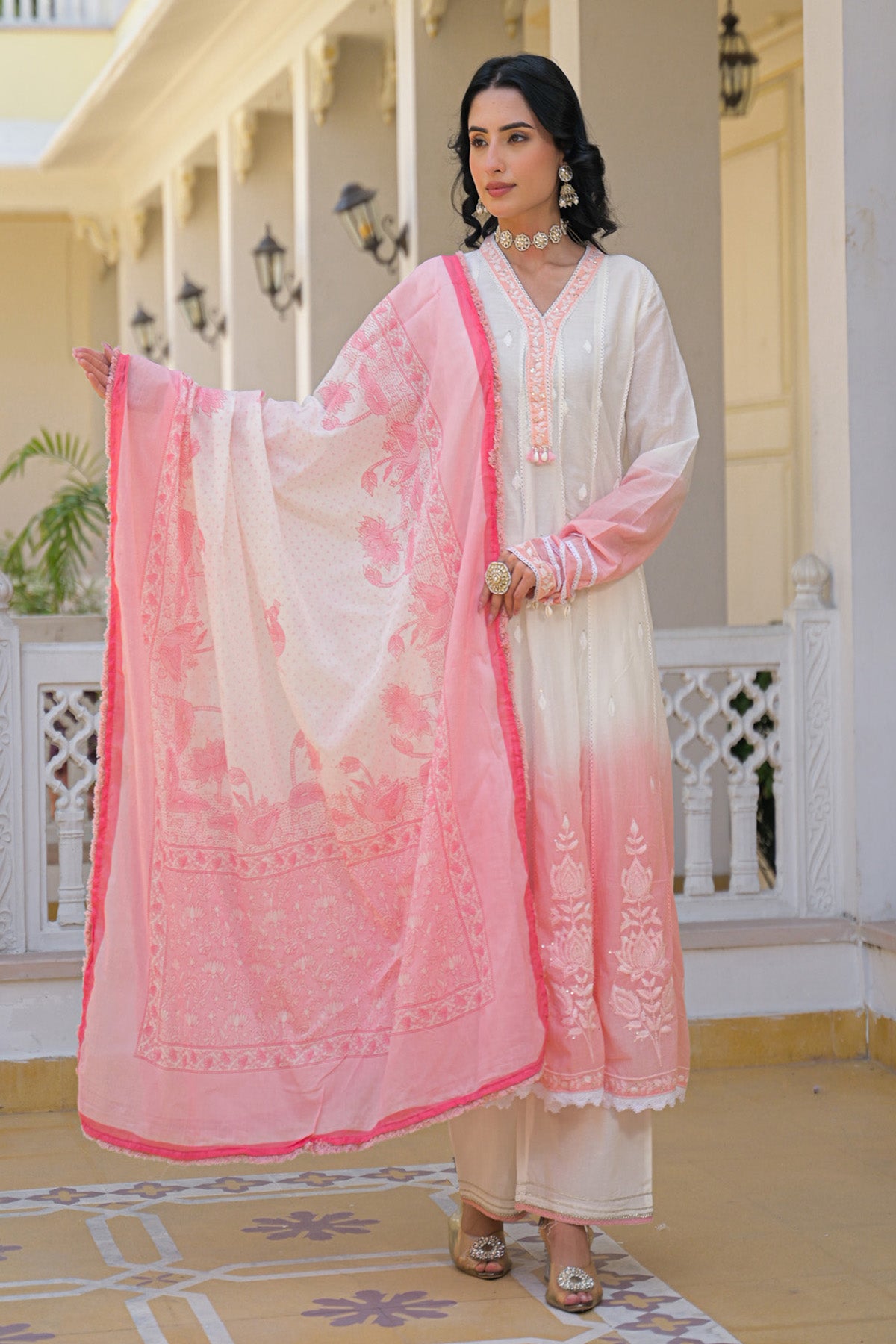 Pink Ombre  Mul Mul Embroidered Anarkali Suit Set With Dupatta