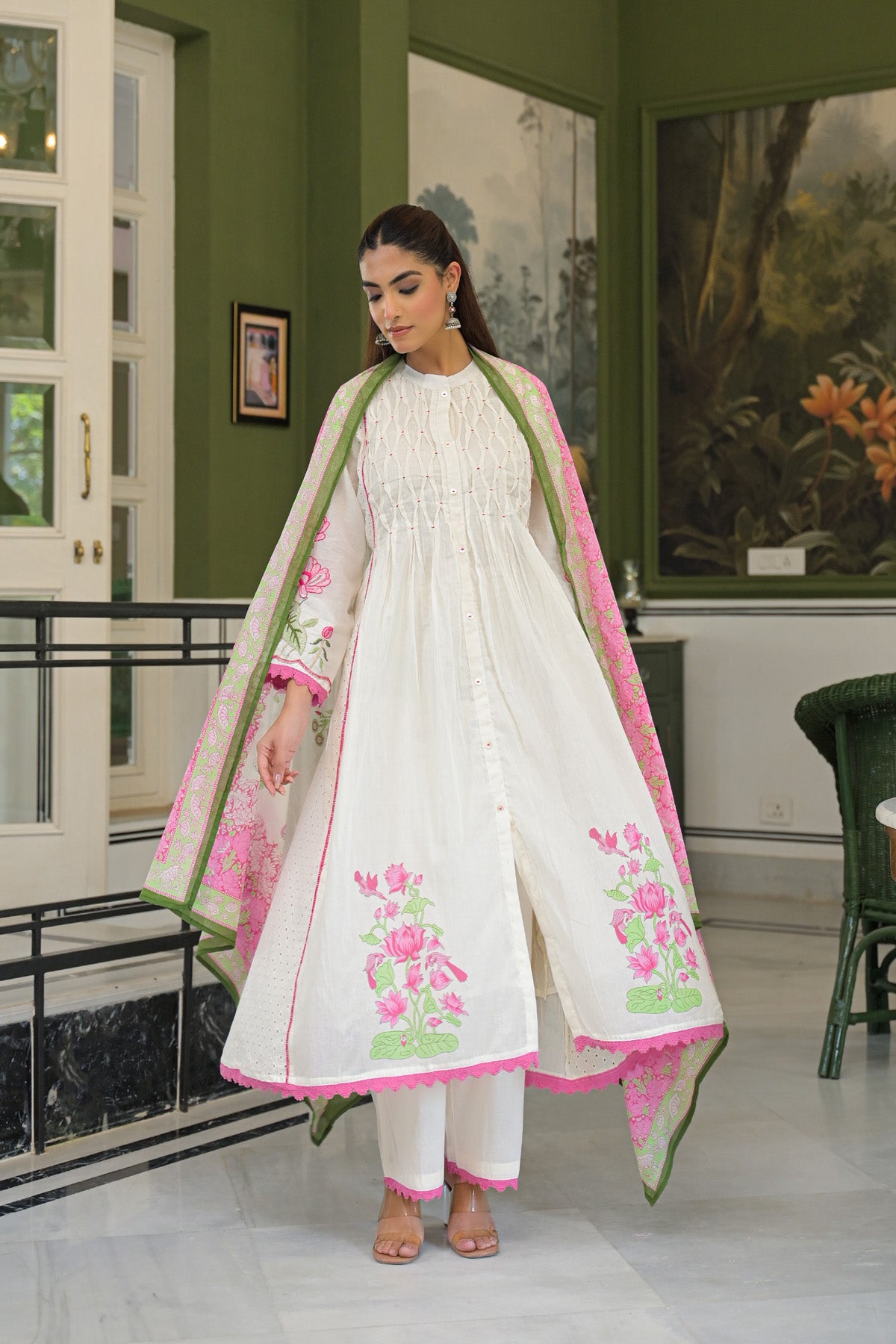 Pink Mul Mul Printed Anarkali Suit Set With Dupatta