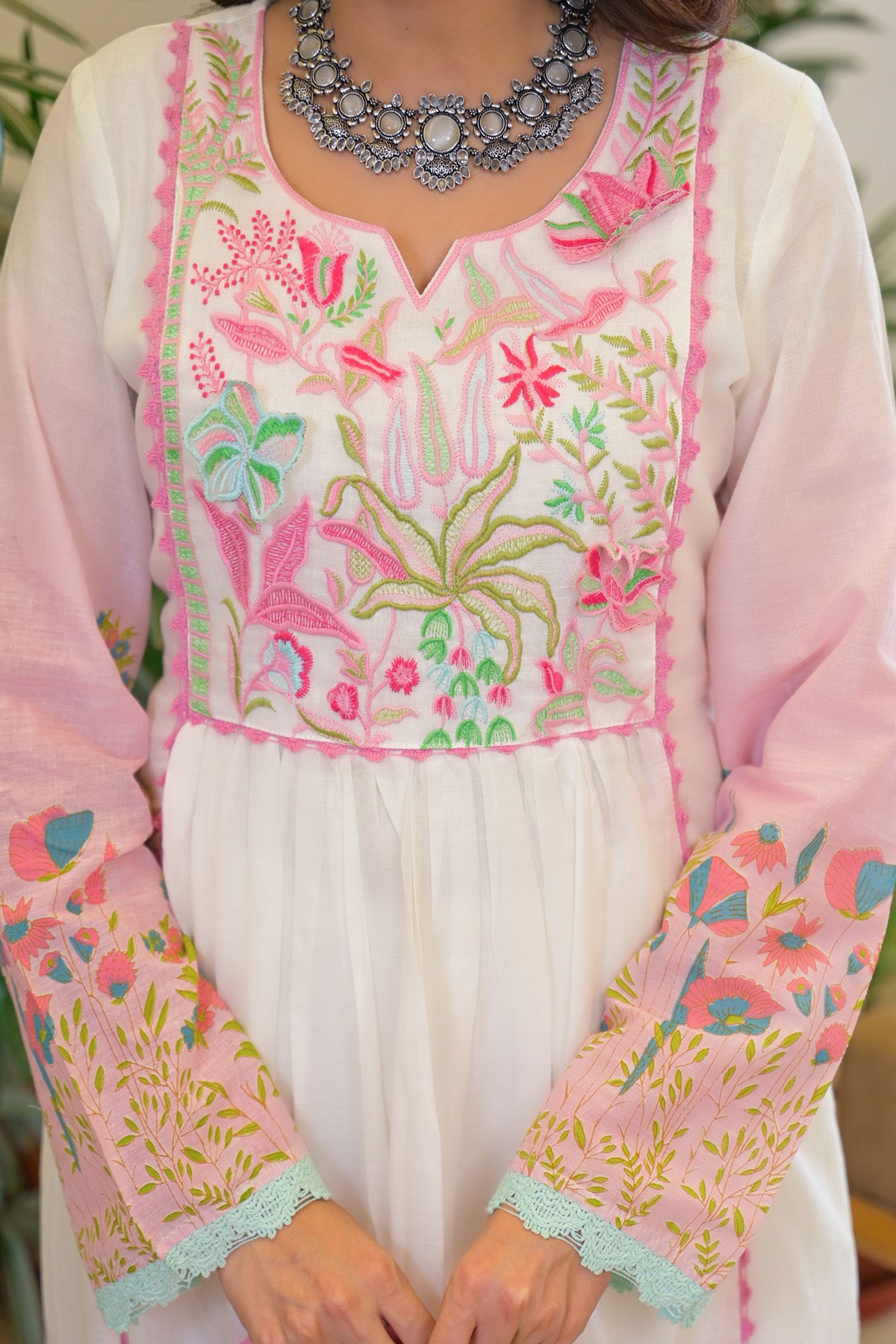 Pink Mul Mul Embroidered Anarkali Suit Set With Dupatta