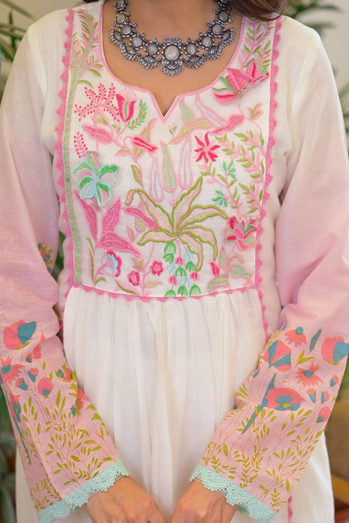 Pink Mul Mul Embroidered Anarkali Suit Set With Dupatta