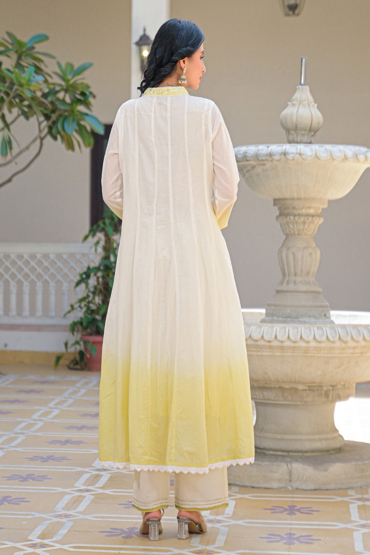 Yellow Ombre Mul Mul Embroidered Anarkali Suit Set With Dupatta