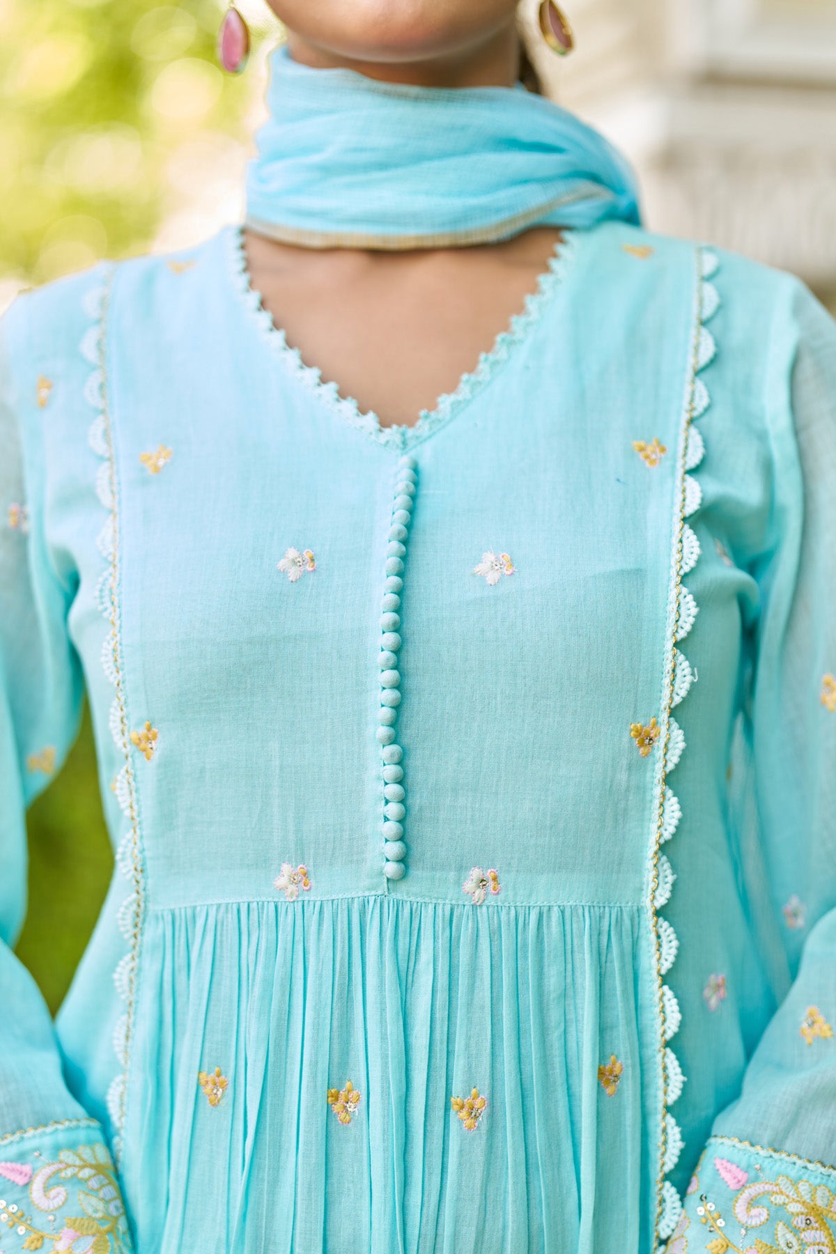 Sky Blue Mul Mul Embroidered Anarkali Suit Set With Dupatta
