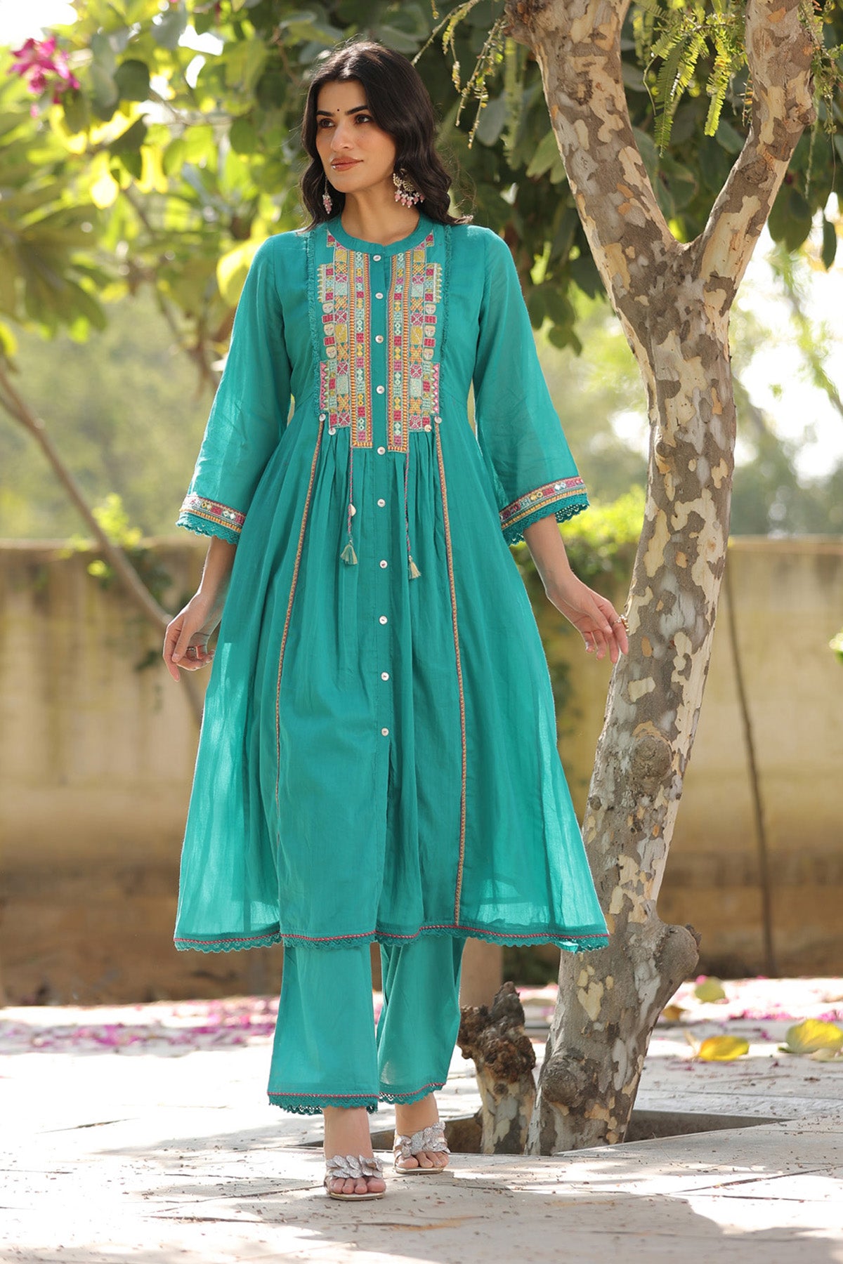 Turquoise Blue Mul Mul Embroidered Anarkali Suit Set With Dupatta