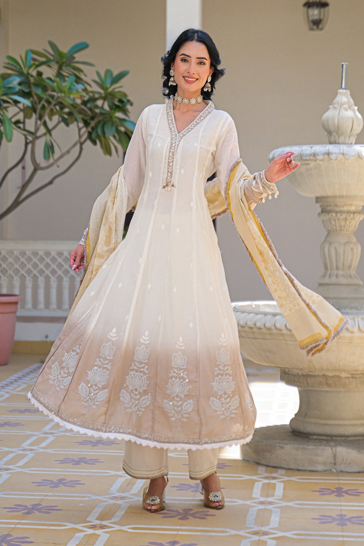 Beige Ombre Mul Mul Embroidered Anarkali Suit Set With Dupatta