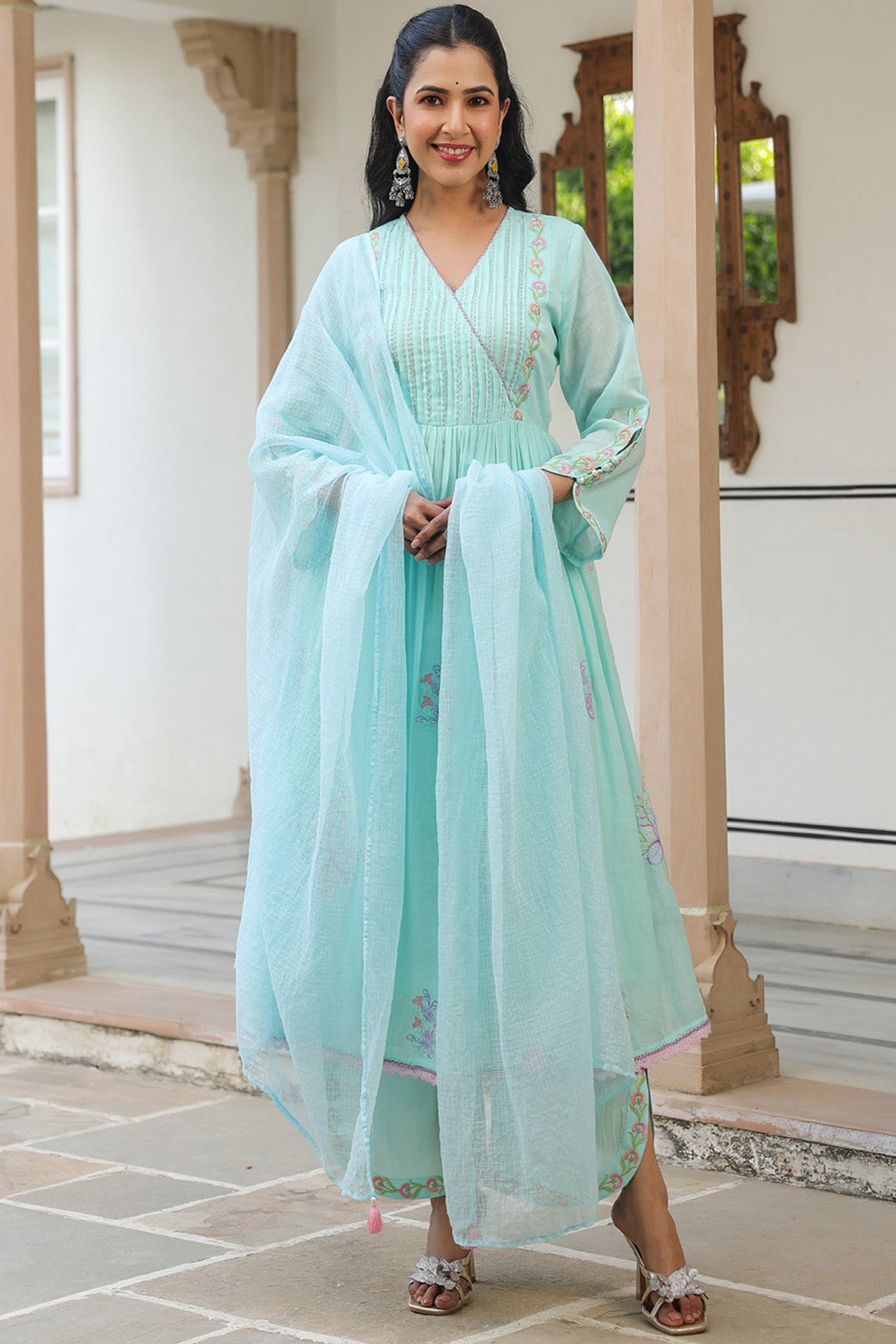 Sky Blue Mul Mul Embroidered Anarkali Suit Set With Dupatta