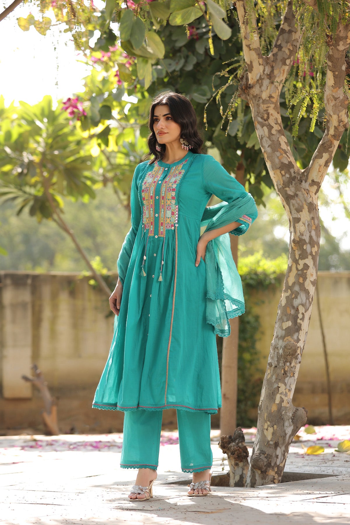 Turquoise Blue Mul Mul Embroidered Anarkali Suit Set With Dupatta