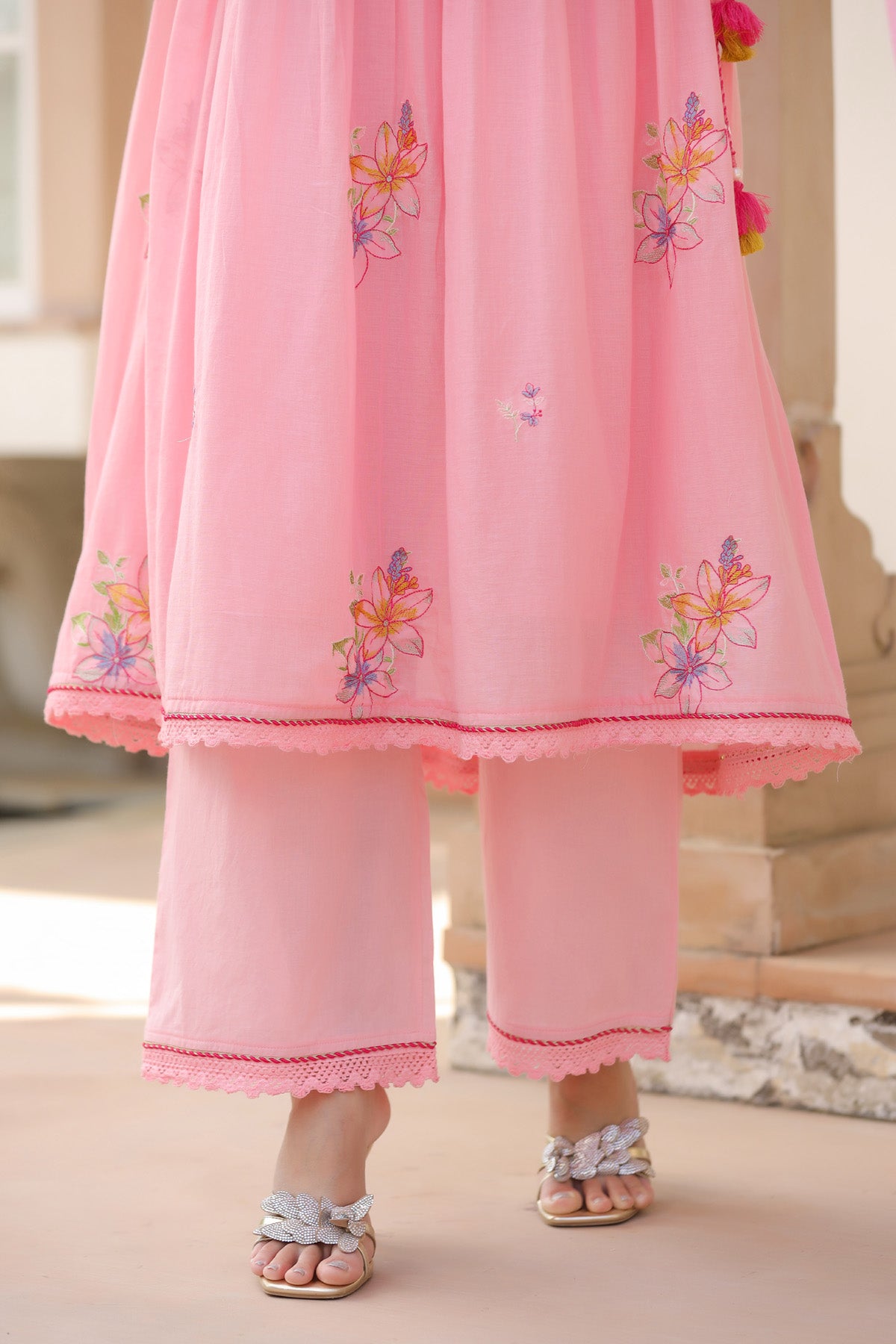 Pink Mul Mul Embroidered Anarkali Suit Set With Dupatta
