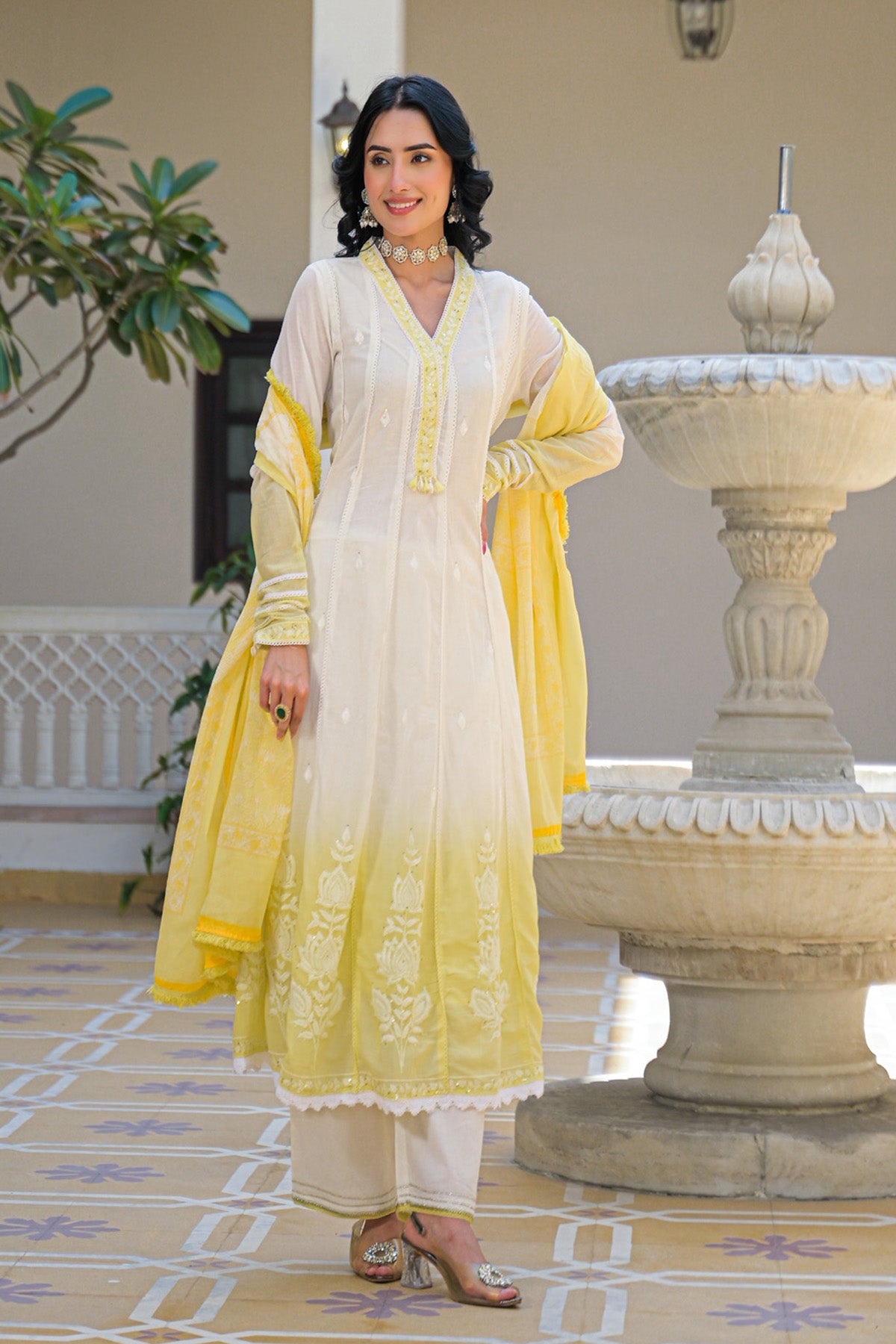 Yellow Ombre Mul Mul Embroidered Anarkali Suit Set With Dupatta