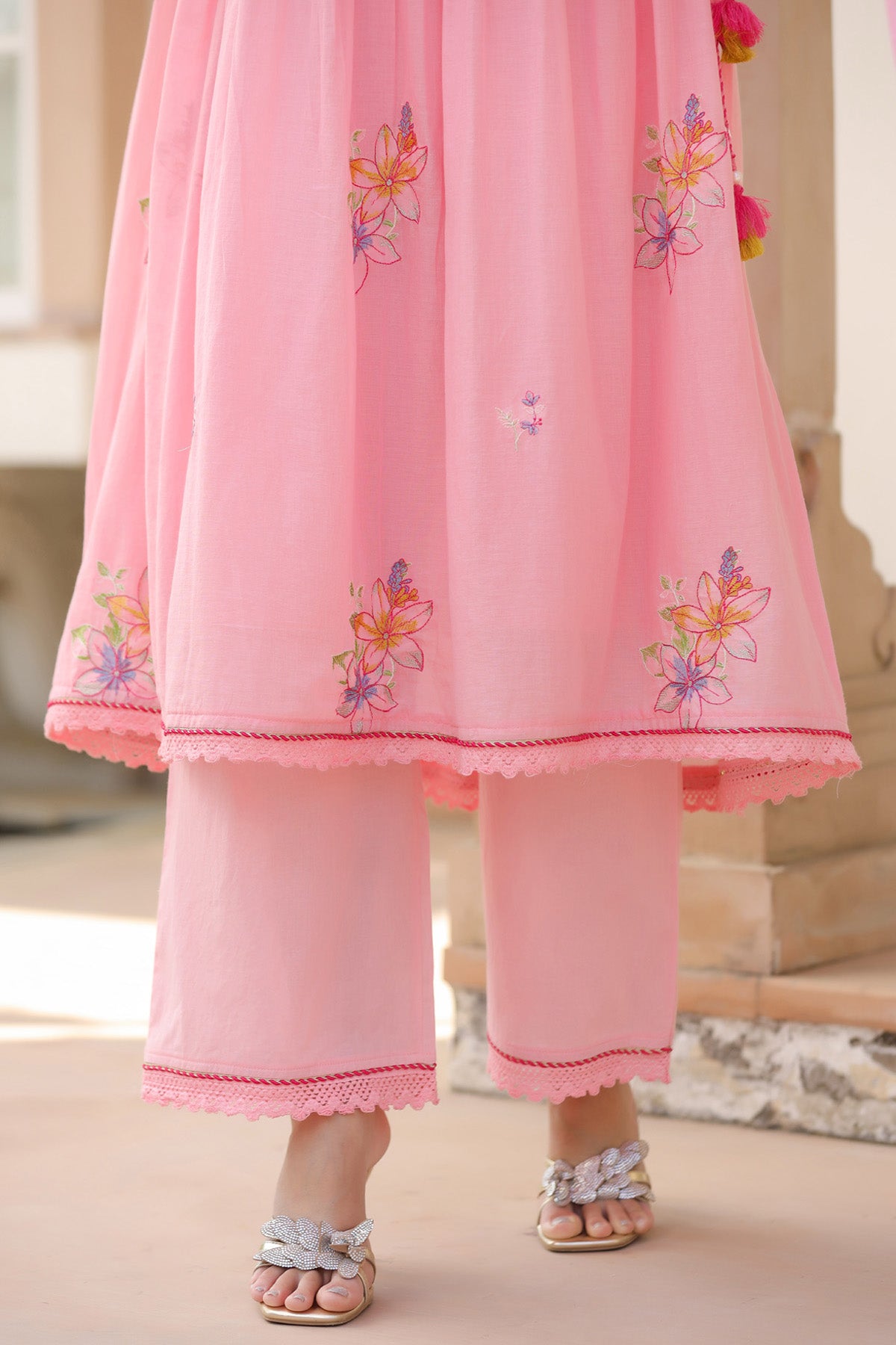 Pink Mul Mul Embroidered Anarkali Suit Set With Dupatta