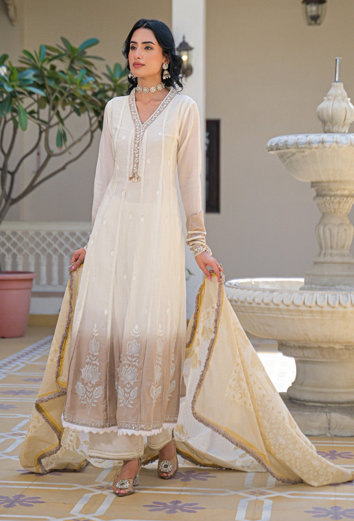 Beige Ombre Mul Mul Embroidered Anarkali Suit Set With Dupatta