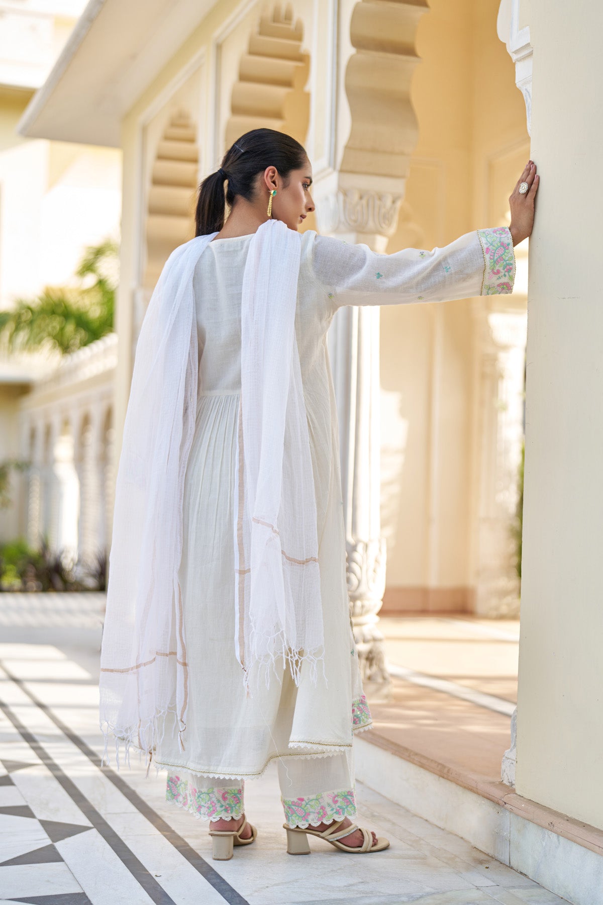 White Mul Mul Embroidered Anarkali Suit Set With Dupatta