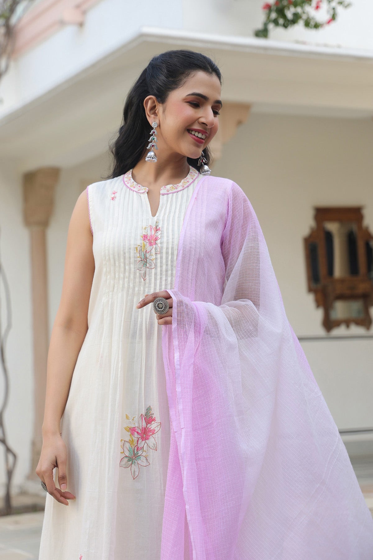 White Mul Mul Embroidered Anarkali Suit Set With Dupatta