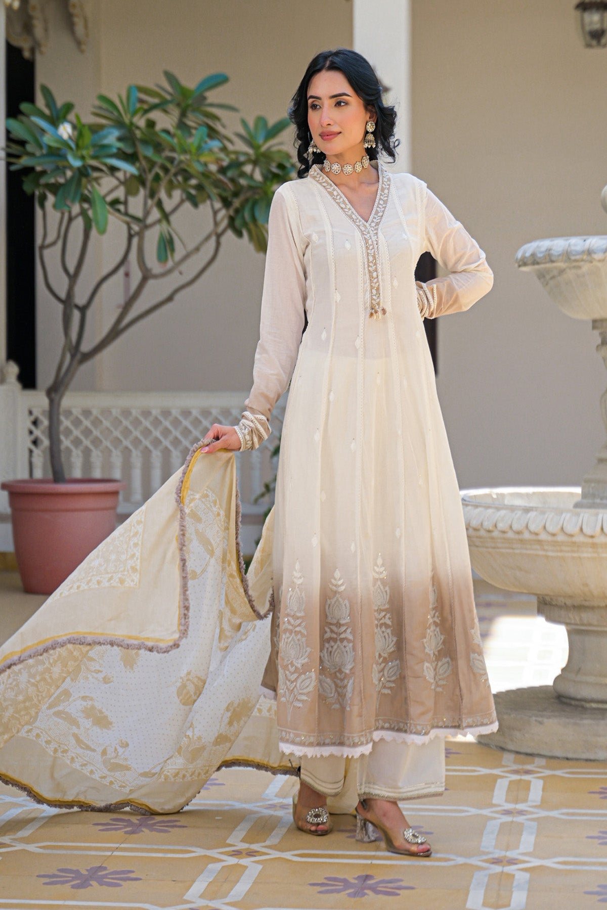 Beige Ombre Mul Mul Embroidered Anarkali Suit Set With Dupatta