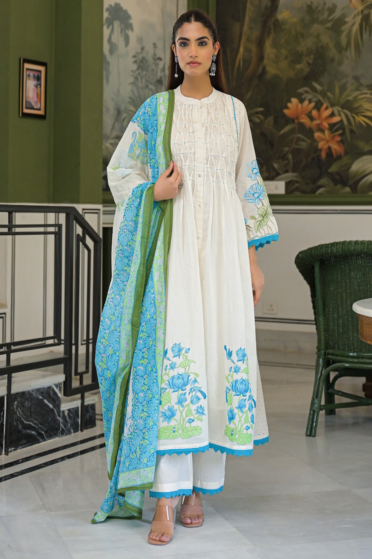 Turquoise Mul Mul Printed Anarkali Suit Set With Dupatta