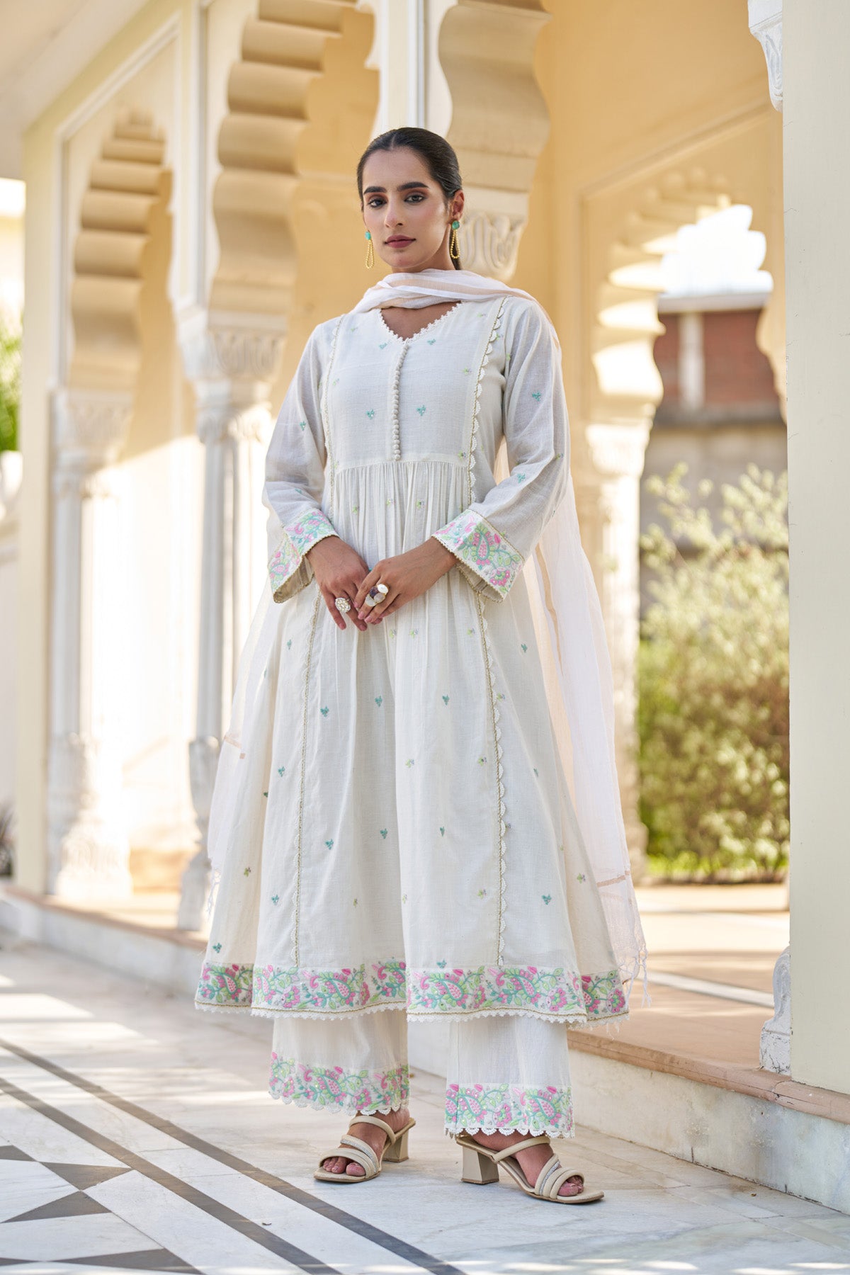 White Mul Mul Embroidered Anarkali Suit Set With Dupatta