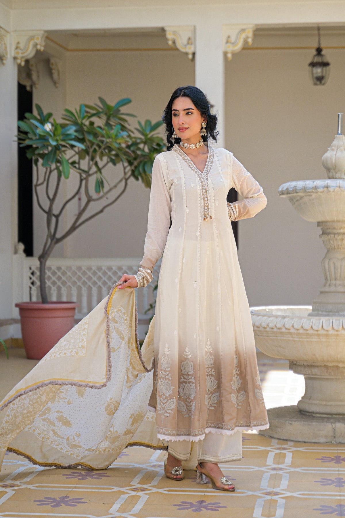 Off White Mul Mul Embroidered Anarkali Suit Set With Dupatta