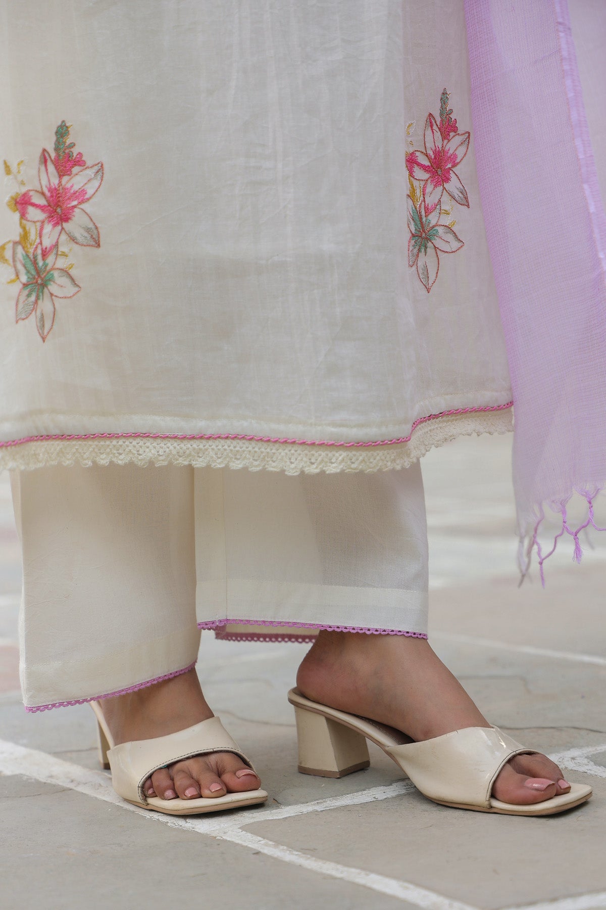White Mul Mul Embroidered Anarkali Suit Set With Dupatta