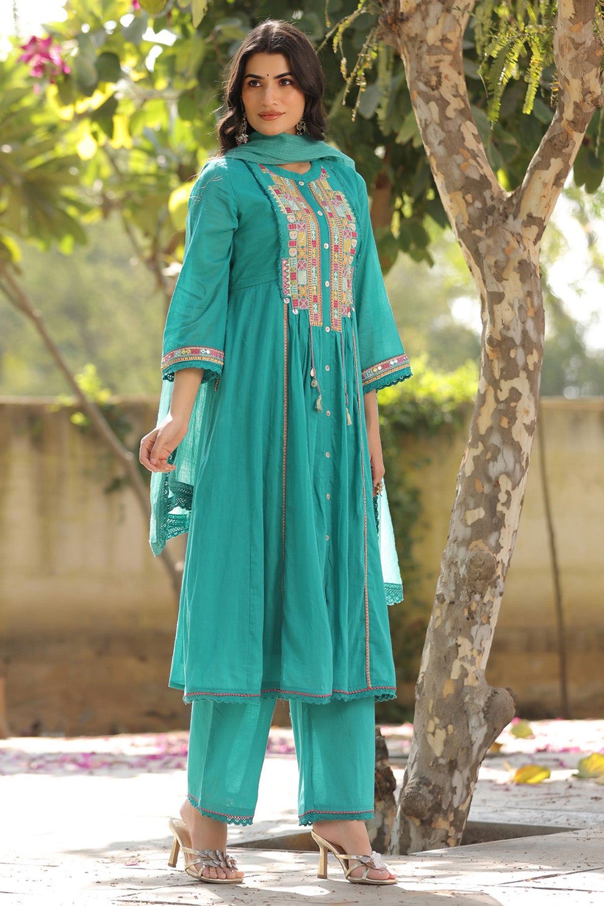 Turquoise Blue Mul Mul Embroidered Anarkali Suit Set With Dupatta