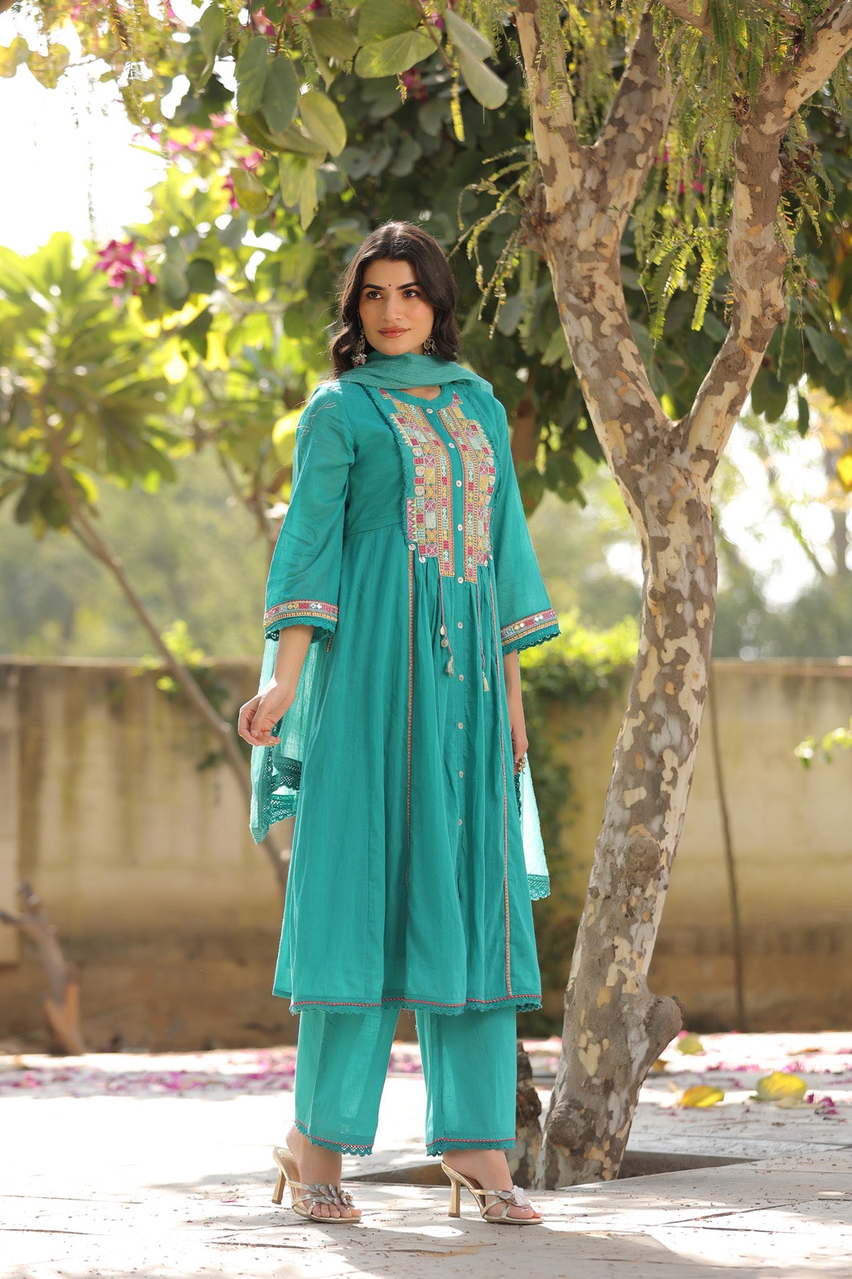 Turquoise Blue Mul Mul Embroidered Anarkali Suit Set With Dupatta