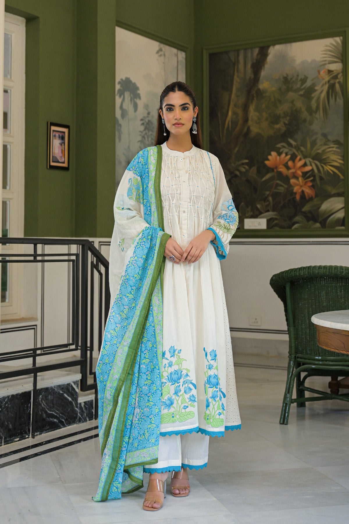Turquoise Mul Mul Printed Anarkali Suit Set With Dupatta