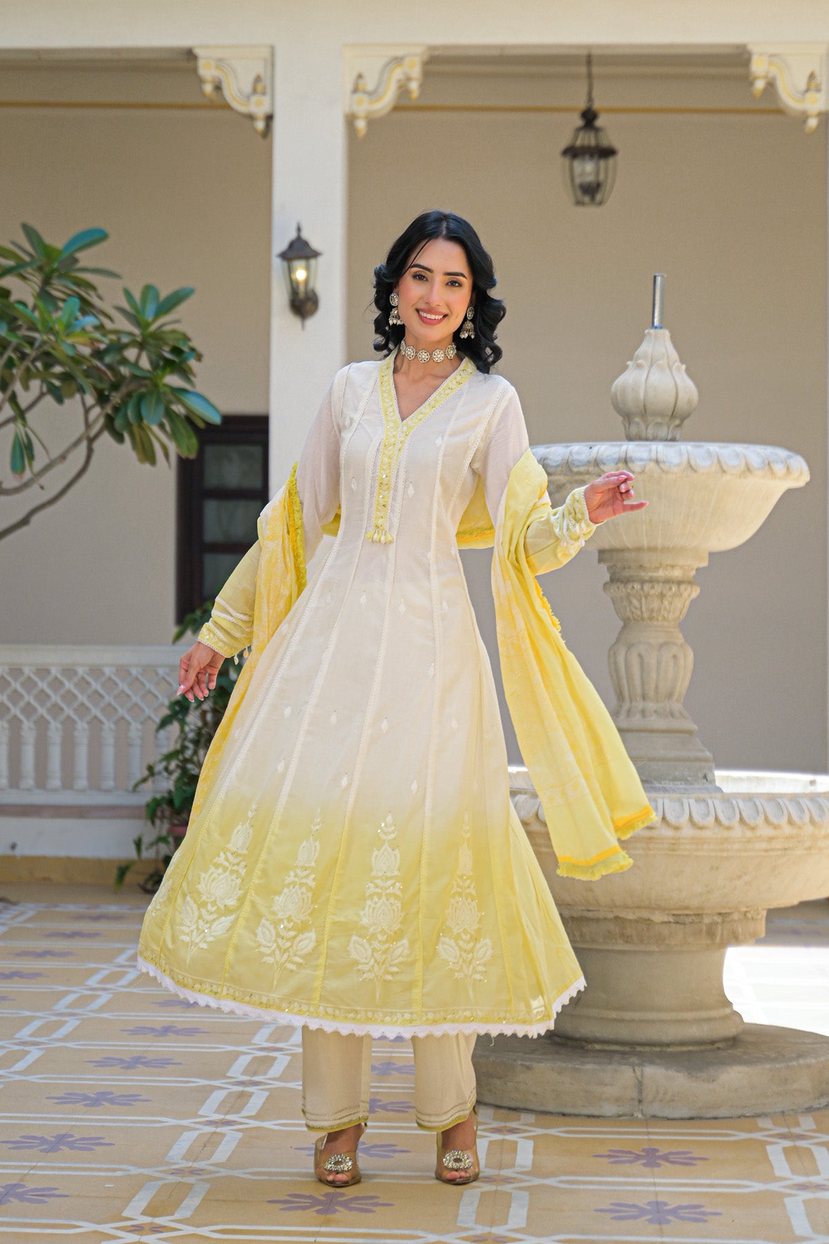 Yellow Mul Mul Embroidered Anarkali Suit Set With Dupatta