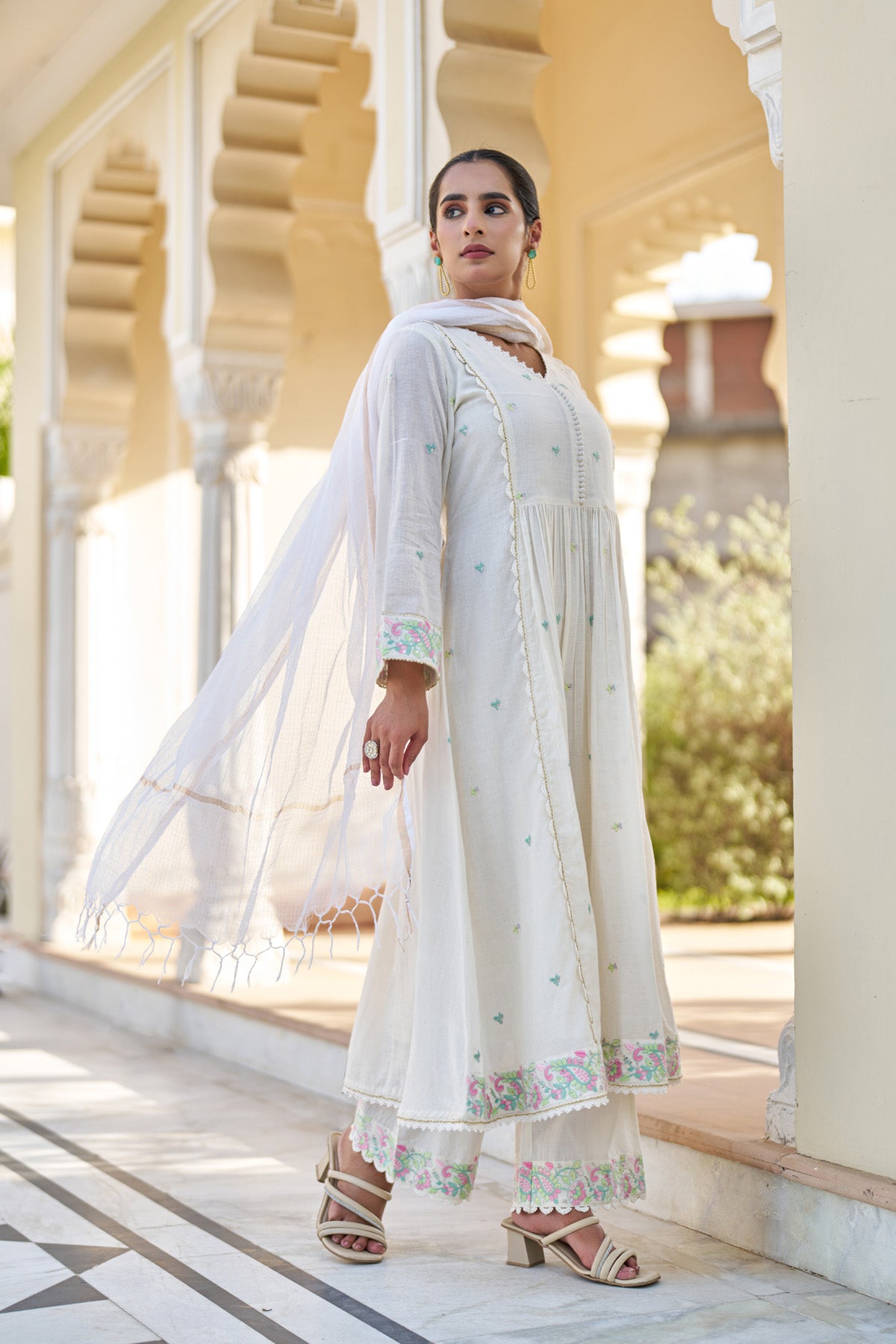 White Mul Mul Embroidered Anarkali Suit Set With Dupatta