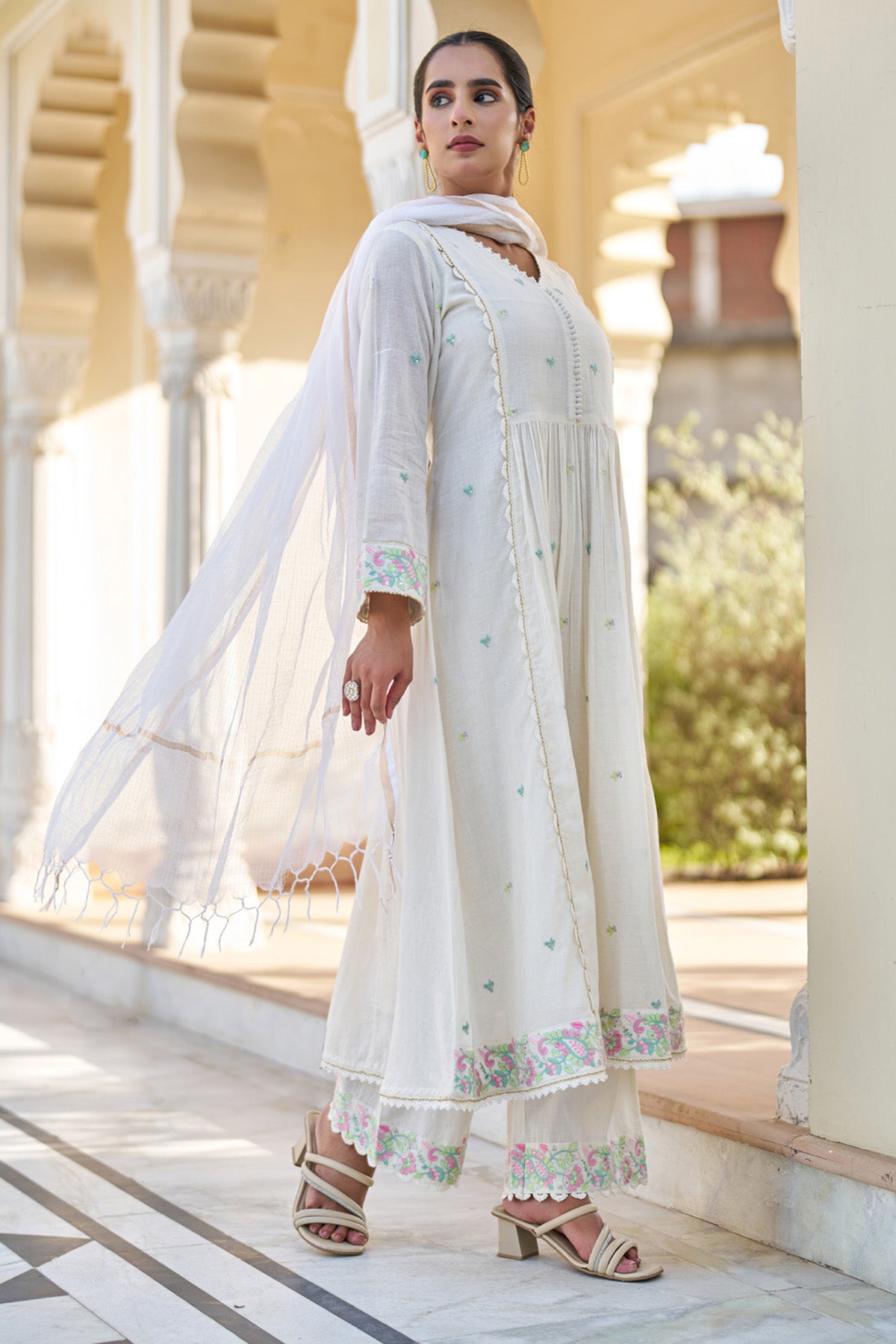 White Mul Mul Embroidered Anarkali Suit Set With Dupatta