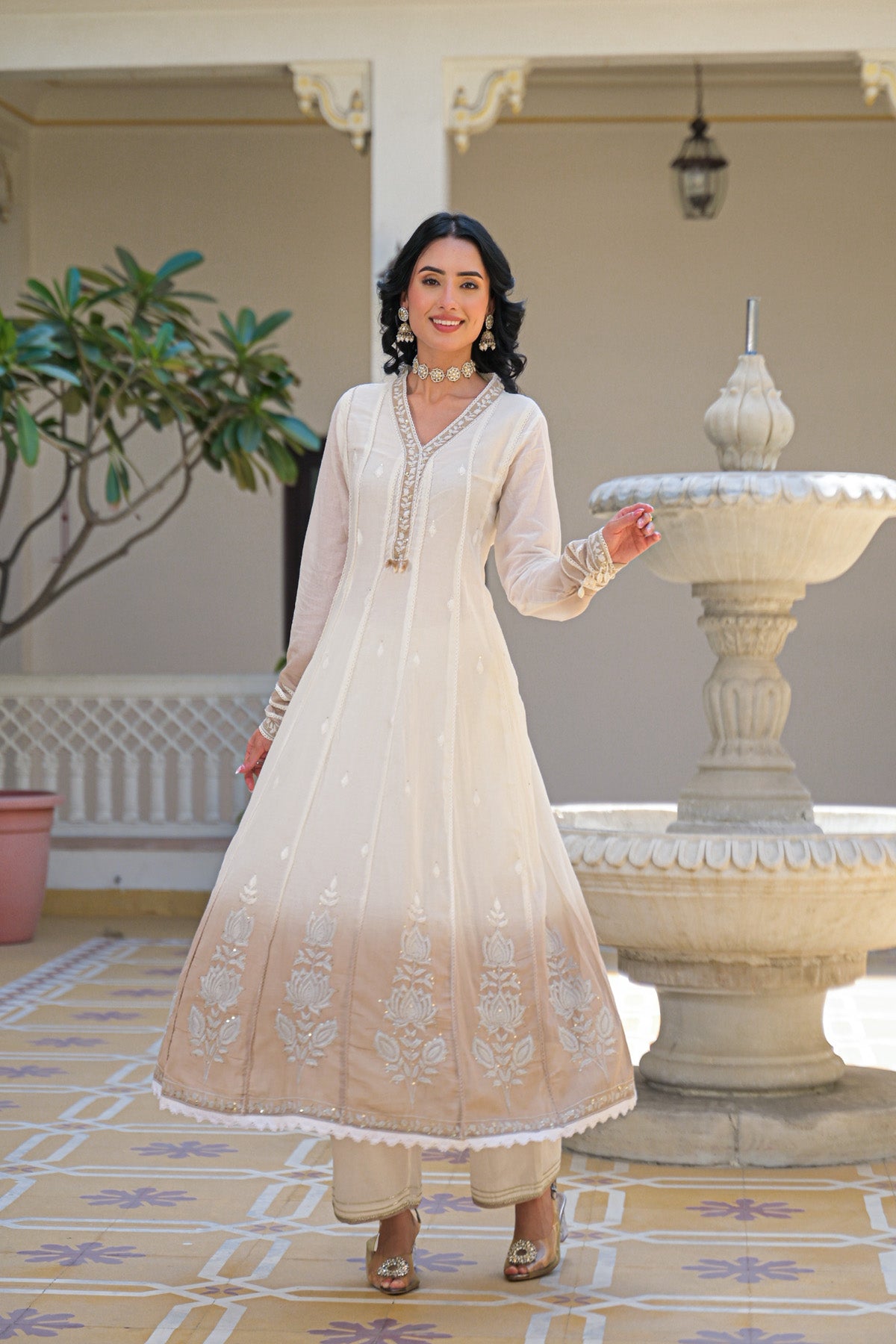 Off White Mul Mul Embroidered Anarkali Suit Set With Dupatta