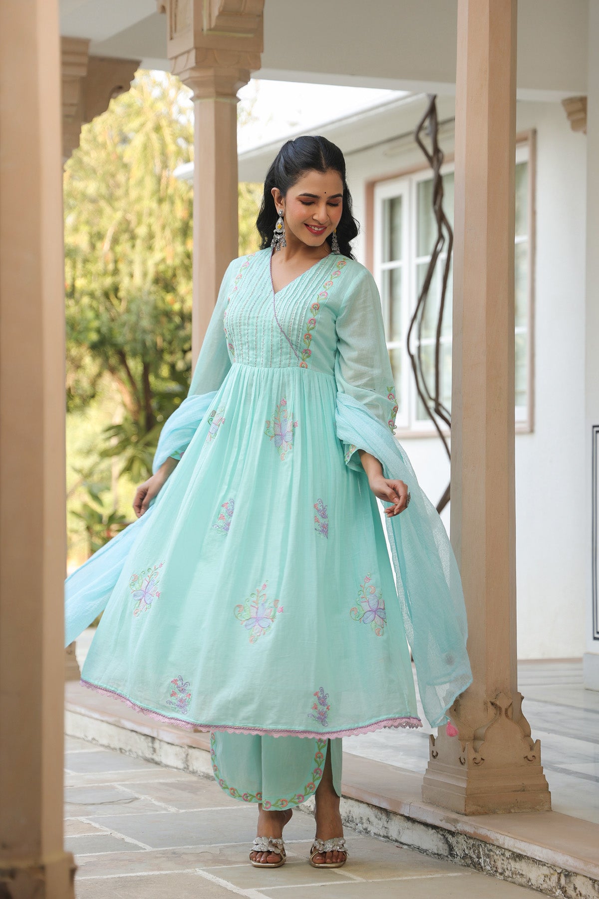 Sky Blue Mul Mul Embroidered Anarkali Suit Set With Dupatta