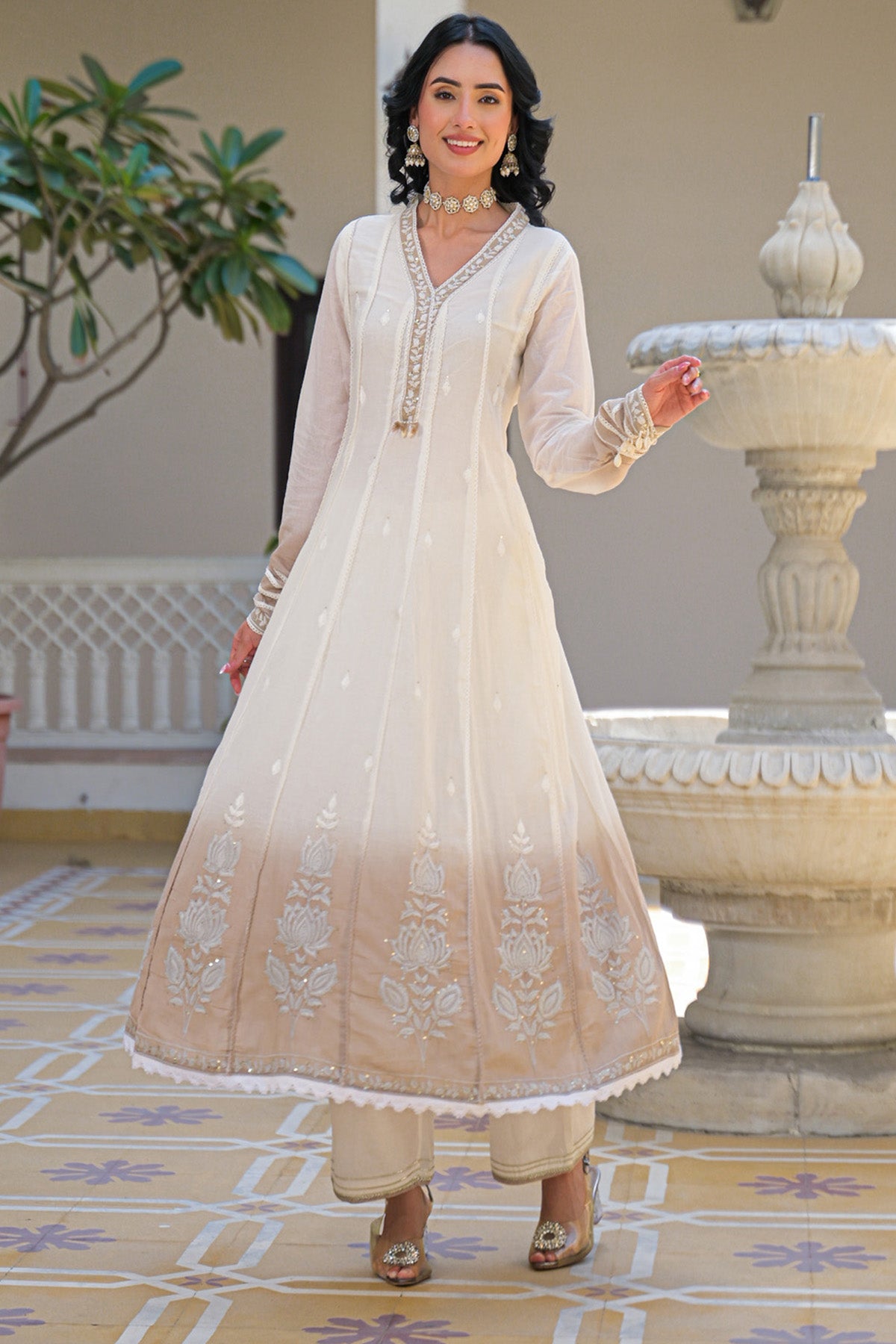 Beige Ombre Mul Mul Embroidered Anarkali Suit Set With Dupatta