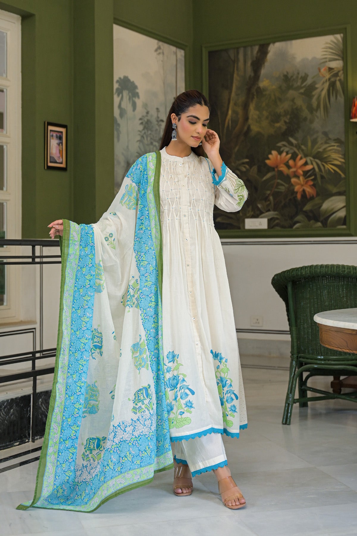 Turquoise Mul Mul Printed Anarkali Suit Set With Dupatta