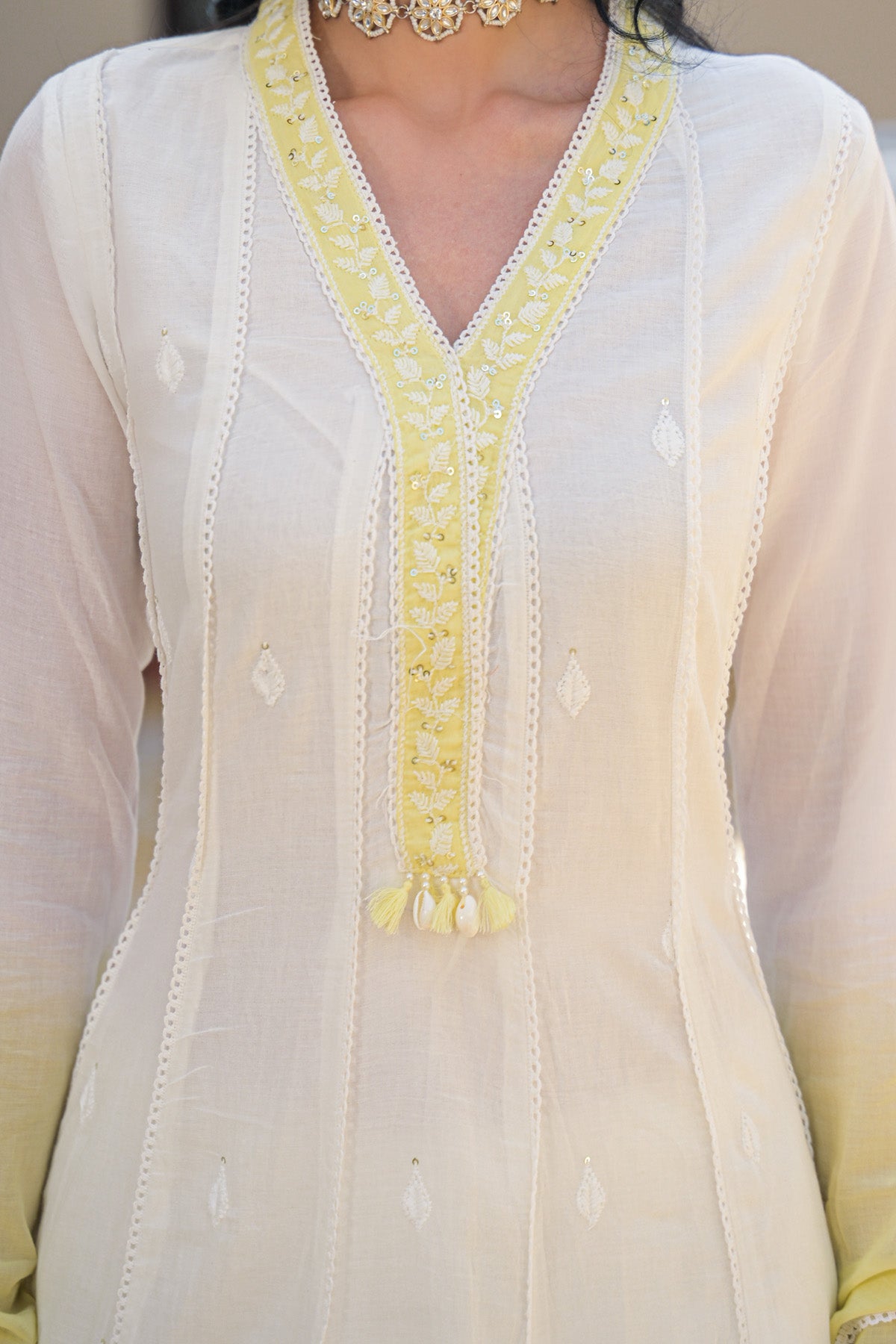 Yellow Mul Mul Embroidered Anarkali Suit Set With Dupatta