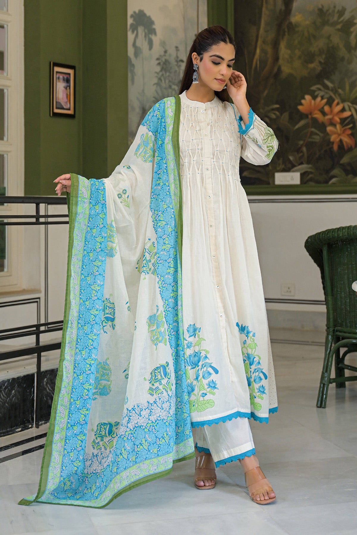 Turquoise Mul Mul Printed Anarkali Suit Set With Dupatta
