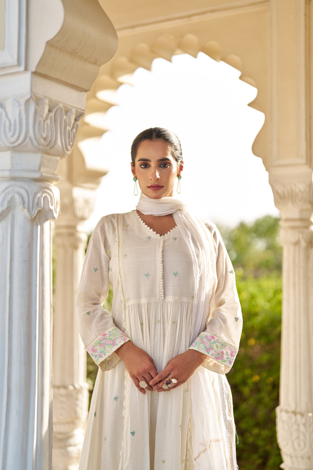 White Mul Mul Embroidered Anarkali Suit Set With Dupatta