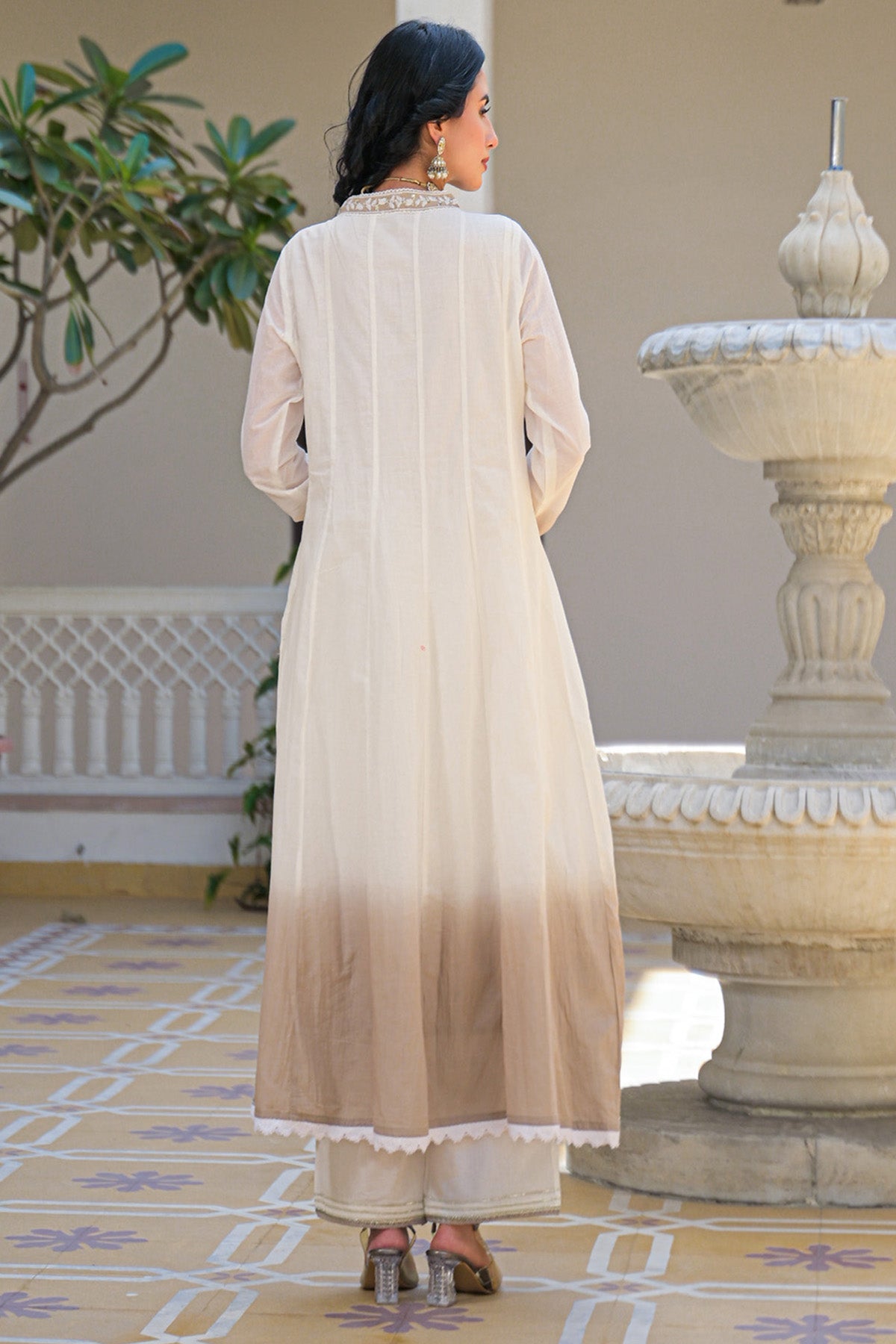 Beige Ombre Mul Mul Embroidered Anarkali Suit Set With Dupatta