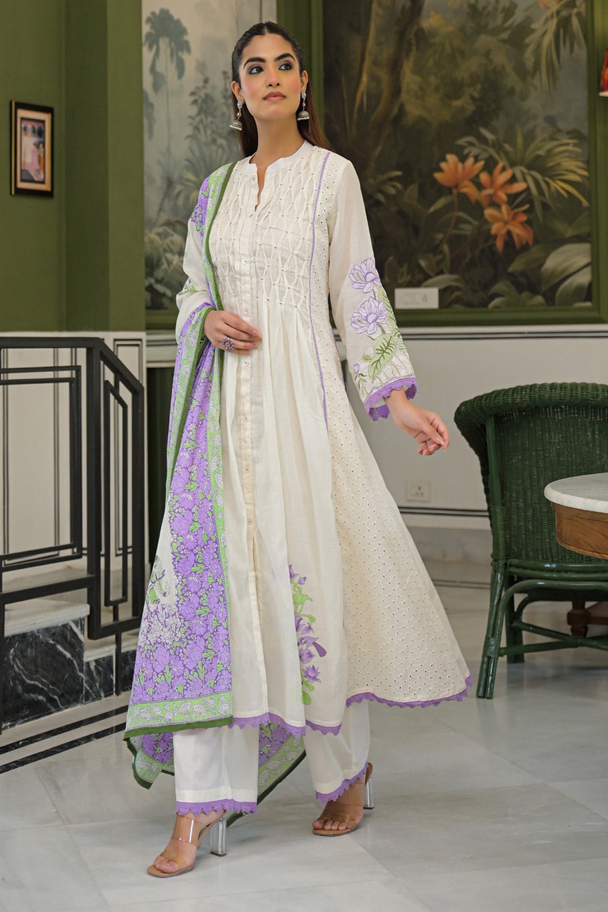 Purple Mul Mul Embroidered Anarkali Suit Set With Dupatta