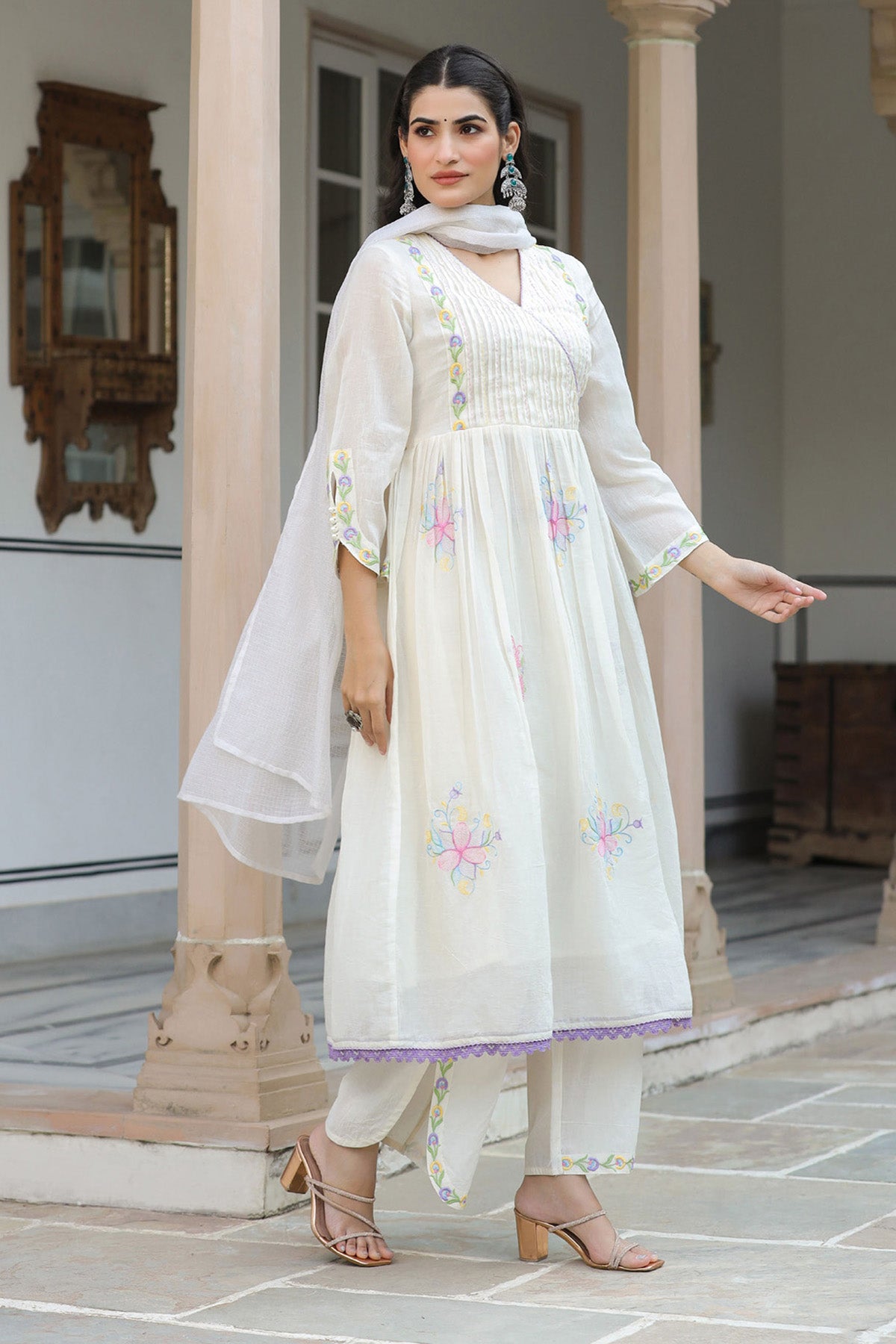 White Mul Mul Embroidered Anarkali Suit Set With Dupatta