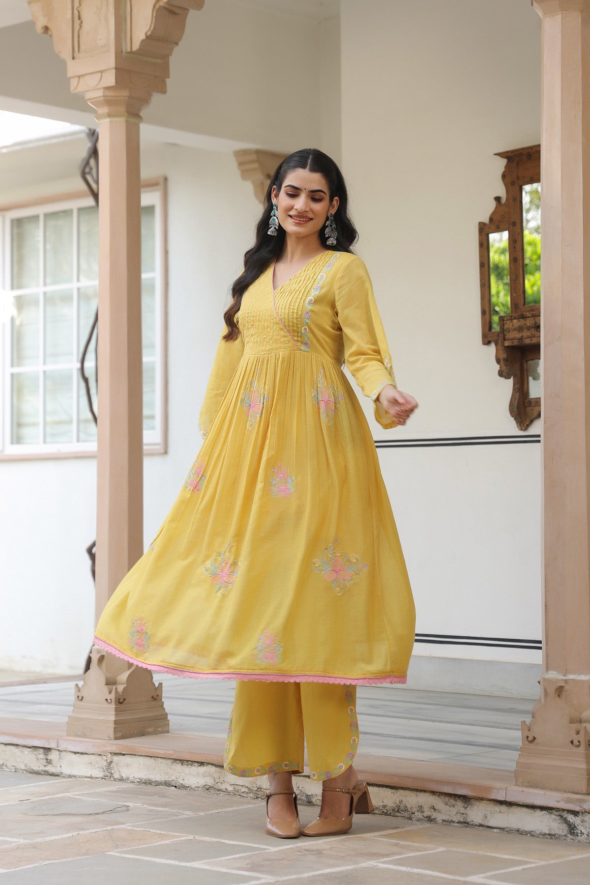 Yellow Mul Mul Embroidered Anarkali Suit Set With Dupatta