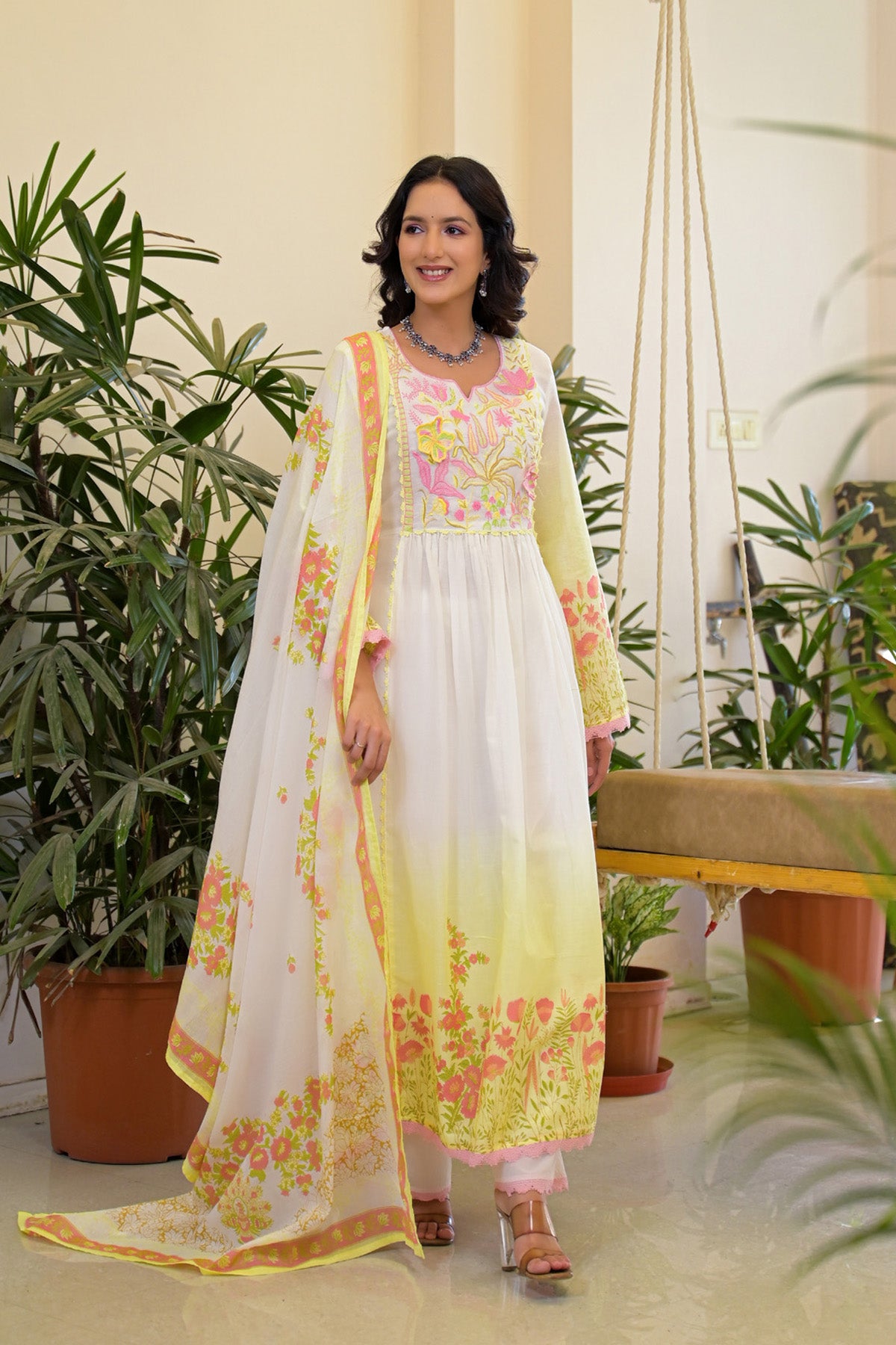 Yellow Mul Mul Embroidered Anarkali Suit Set With Dupatta