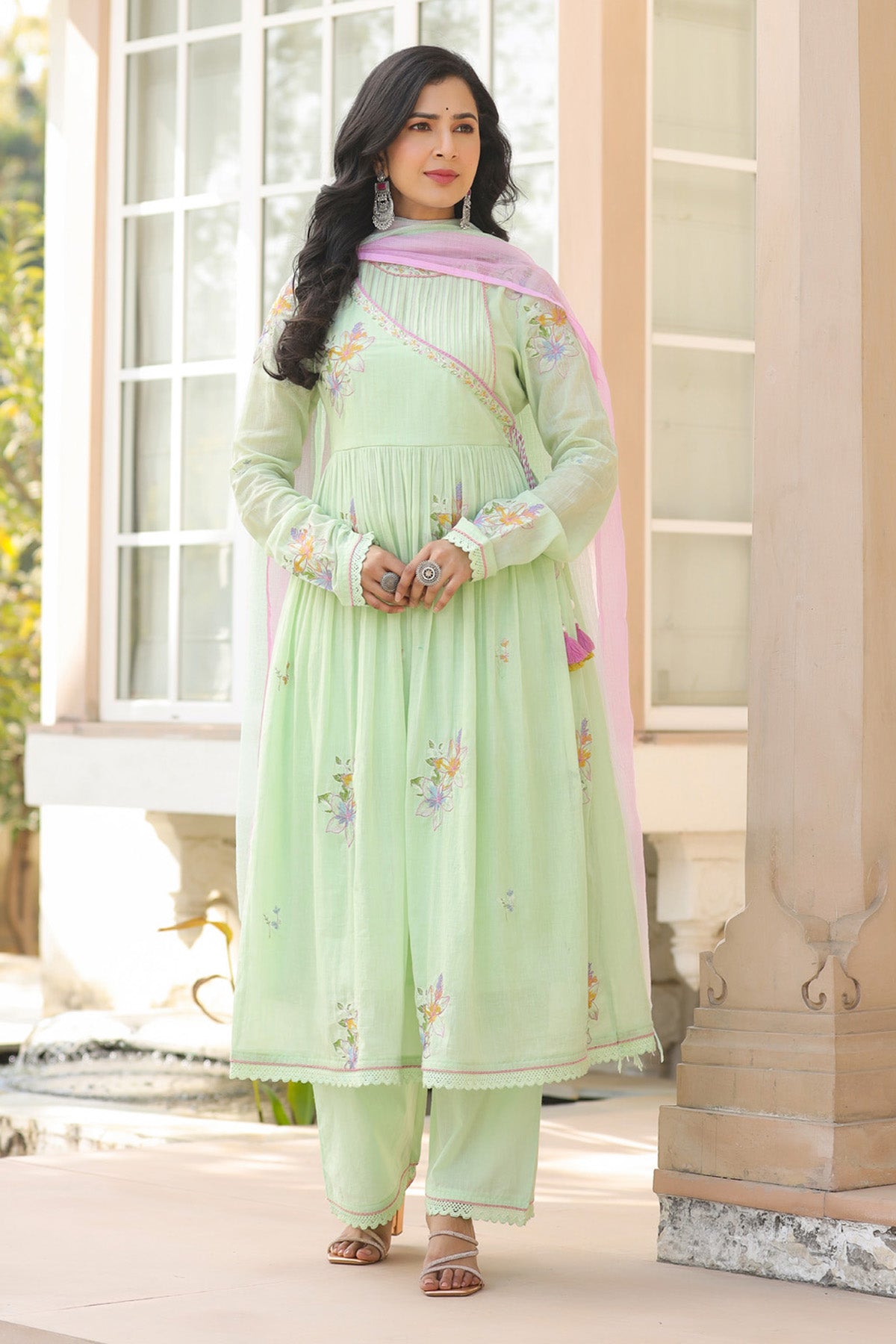 Green Mul Mul Embroidered Anarkali Suit Set With Dupatta