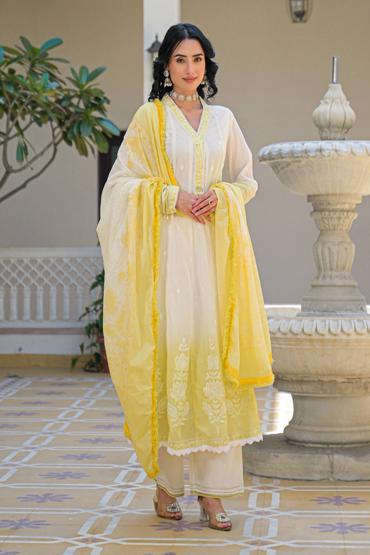 Yellow Mul Mul Embroidered Anarkali Suit Set With Dupatta