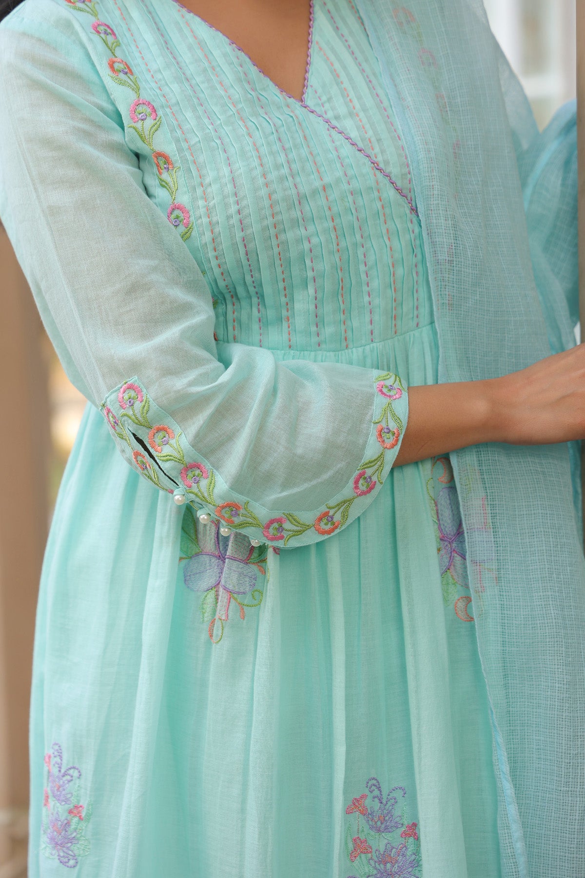 Sky Blue Mul Mul Embroidered Anarkali Suit Set With Dupatta